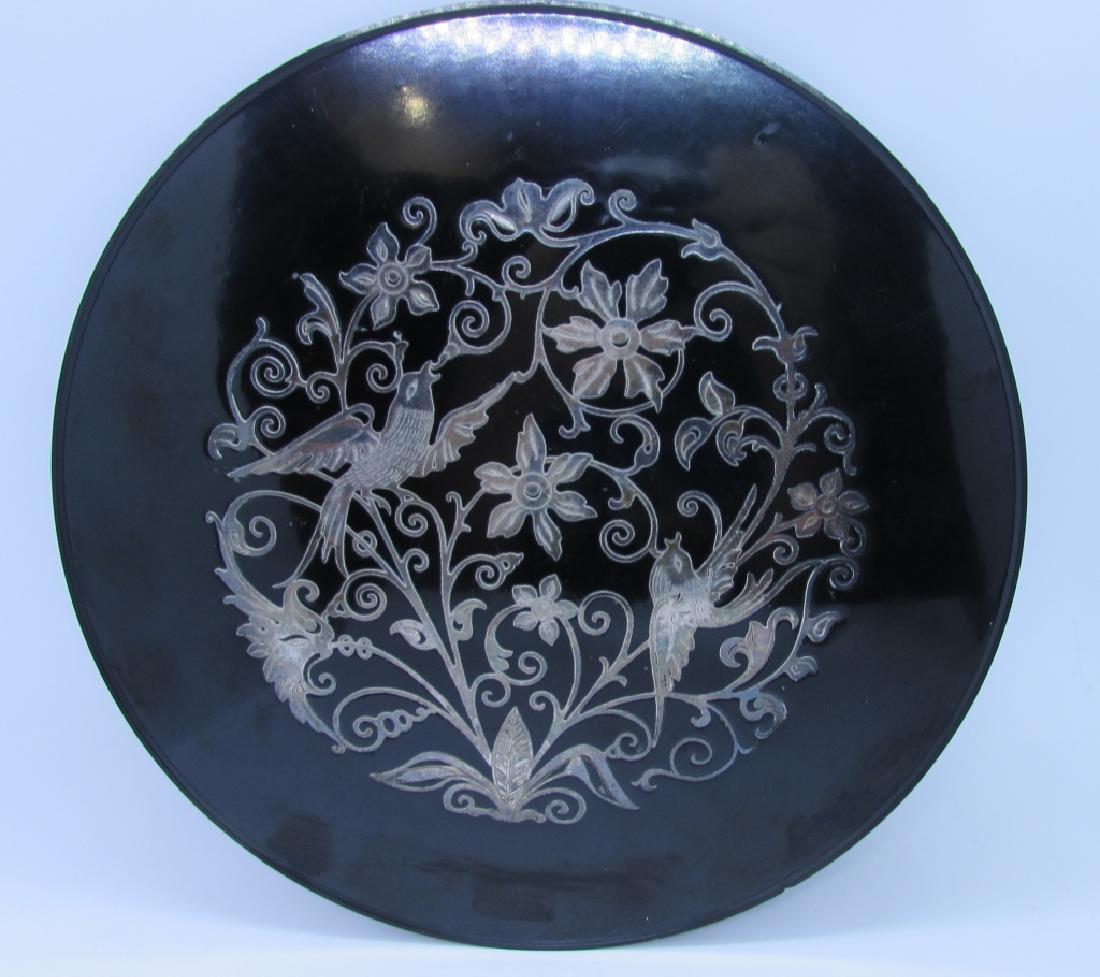 STERLING SILVER INLAID TRIVET HOTPLATE OVERLAY: VINTAGE ESTATE 9.5" WIDE ART DECO SILVER INLAY TRAY. SOME SMALL CHIPS ALONG THE EDGE. (USA SHIPPING $8)