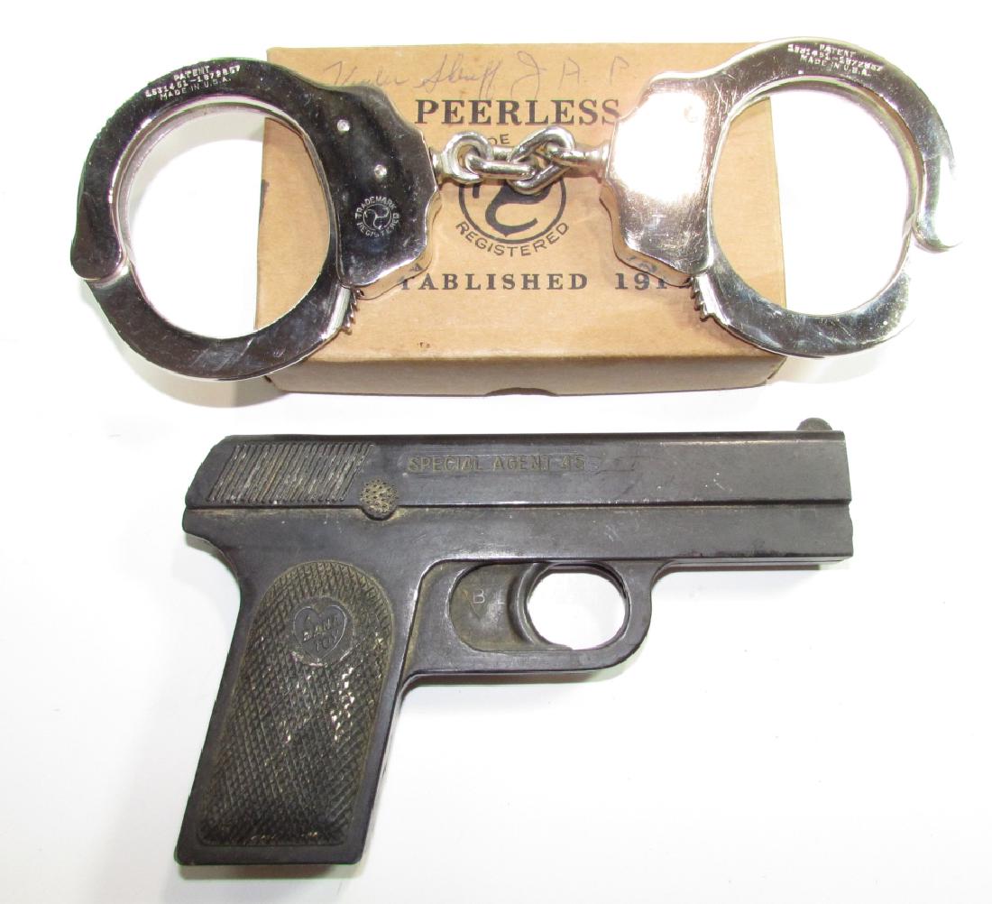 CAP GUN SPECIAL AGENT 45 BANA TOY POLICE HANDCUFFS: BANA TOY SA 45 TOY PISTOL & PEERLESS USA MADE HANDCUFFS. CUFFS INCLUDE KEY & ORIGINAL BOX.