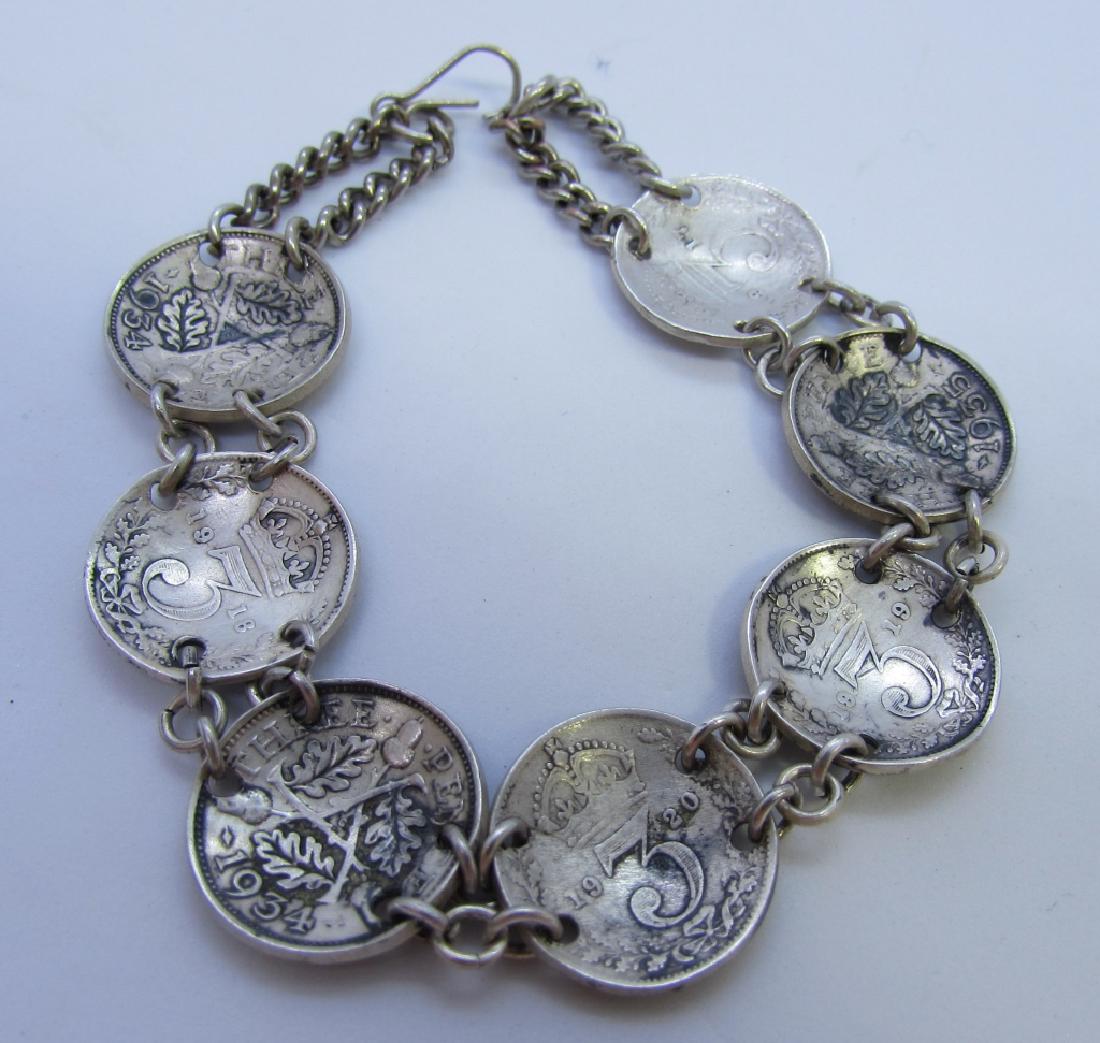 BRITISH 7 SILVER 3 PENCE COIN BRACELET UK ANTIQUE: VINTAGE ESTATE UNITED KINGDOM 1917,1918, 1919, 1920, 1934, 1935. GREAT BRITIAN MEASURES 7 1/4 INCH LONG. (USA SHIPPING $6)