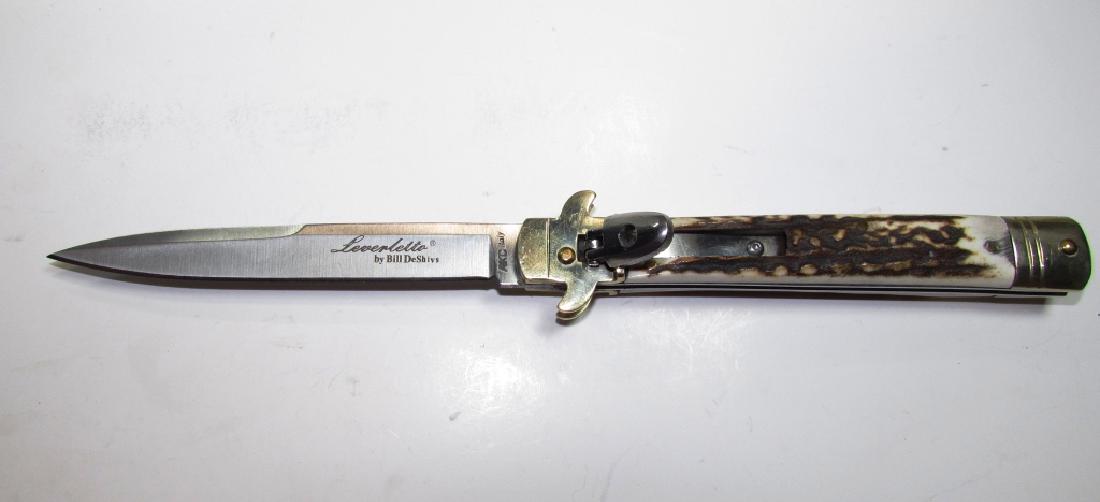 STILETTO DESHIVS SWITCHBLADE LEVERLETTO AKC: LEVER LOCK AUTOMATIC SWITCHBLADE POCKET KNIFE. D2 STEEL, STAG SCALES. 4 1/4" BLADE, 9 5/8" OVERALL. VERY SHARP. ITALY
