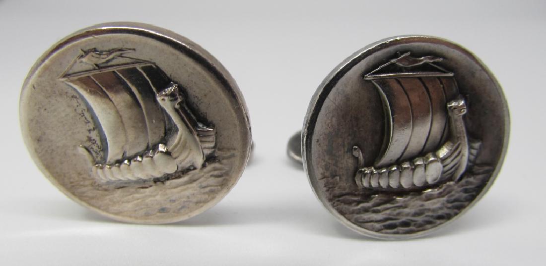 GEORG JENSEN DENMARK CUFFLINKS STERLING SILVER: VINTAGE ESTATE HALLMARKED #50 VIKING SHIP CUFF LINKS. WITH GEORG JENSEN BOX. 20MM ROUND SAIL BOATS. WEIGH 16.5 GRAMS. ALL EXCELLENT CONDITION. (USA SHIPPING $10)