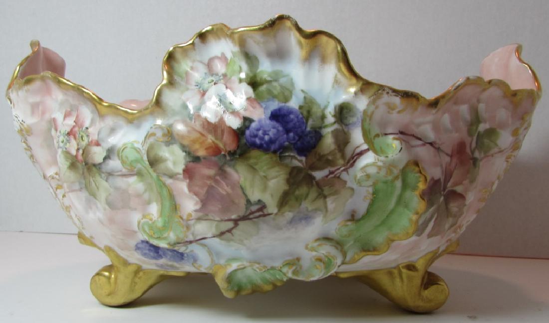 HAND PAINTED LIMOGES GOLD GILT DISH BOWL PORCELAIN: FABULOUS FLORAL ANTIQUE PORCELAIN CENTER PIECE FRUIT BOWL. UNSIGNED 10 3/8" LONG, 8 3/8" WIDE, 5.5" TALL. ONE VERY PROFESSIONAL REPAIR (IN THE LAST PICTURE); OTHERWISE NO CHIPS, NO CRACKS, NO DAMAGE.