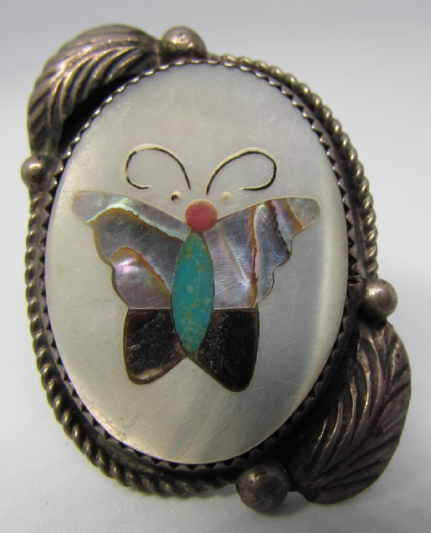 EARLY ZUNI INLAY BUTTERFLY RING COIN SILVER (1 of 3)