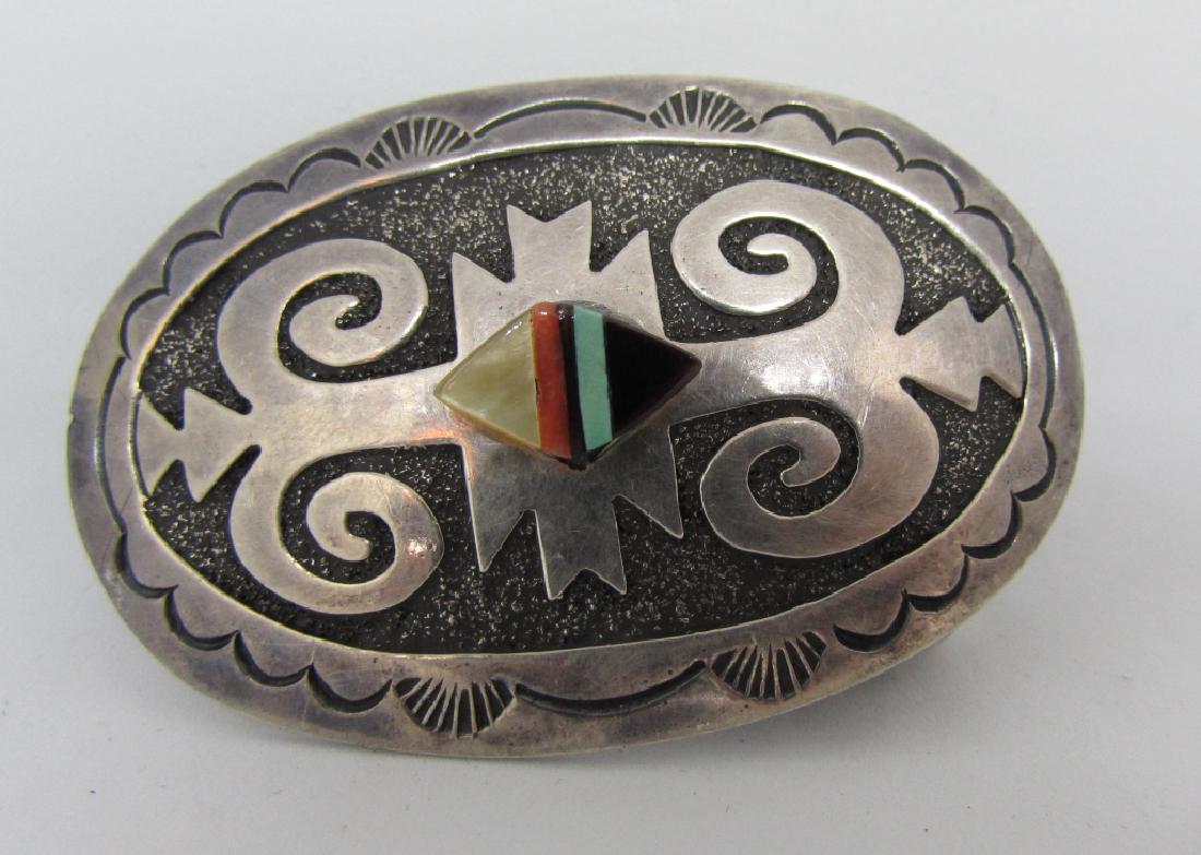 NATIVE SIGNED BELT BUCKLE STERLING SILVER INLAY (1 of 5)