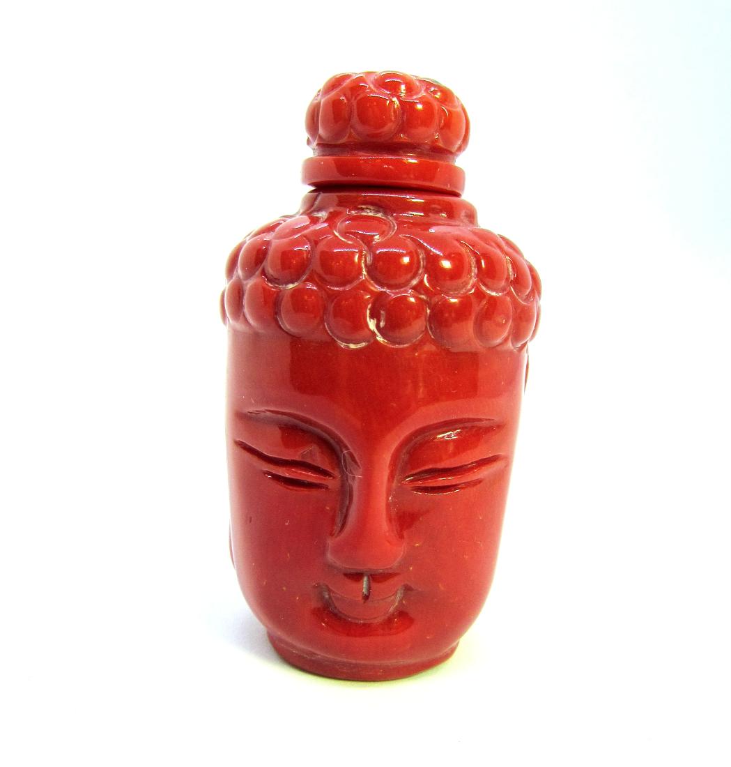 RED CORAL SNUFF BOTTLE BUDDHA FINELY CARVED (1 of 5)