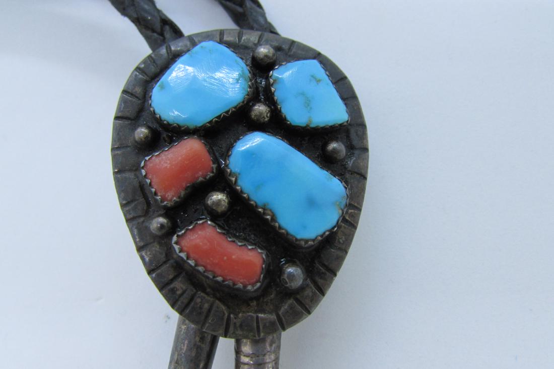 SIGNED LL TURQUOISE CORAL BOLO COIN SILVER LOMAY (1 of 7)