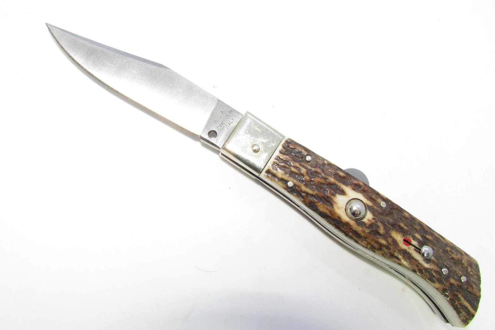 AGA CAMPOLIN ITALIAN SWITCHBLADE KNIFE AUTO STAG: A.G.A. CAMPOLIN ITALY PUSH-BUTTON AUTOMATIC POCKET KNIFE. STAG SCALES, 3 3/8" BLADE, 7 3/4" OVERALL. (US SHIPPING $10)