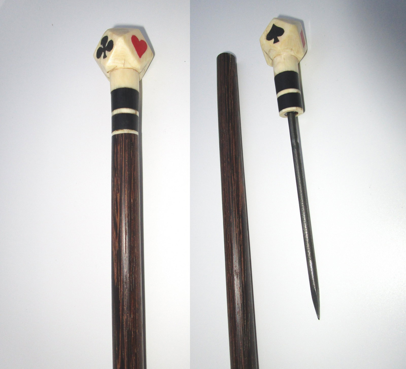 GAMBLERS WOOD SWORD CANE CARVED FOSSIL CARD SUITS: CARVED FOSSIL & WOOD CANE w/ CONCEALED 4.5" DAGGER OR SPIKE. TETRAHEDRON TOP WITH THE FOUR CARD SUITS. POKER. 1 7/16" WIDE, 38" TALL. (US SHIPPING $25)