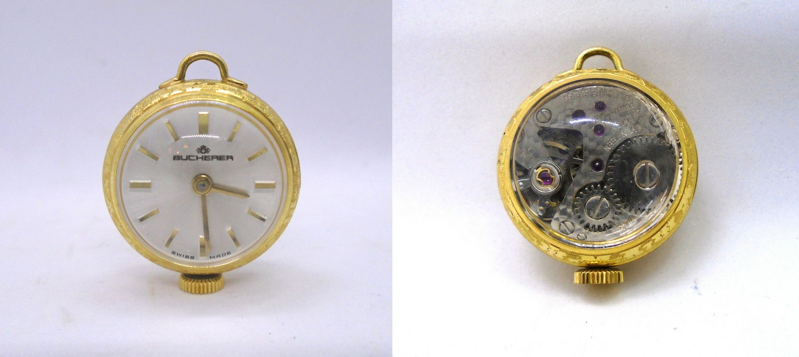 BUCHERER SKELETON BALL PENDANT WATCH 17JEWEL SWISS: VINTAGE ESTATE 22M BY 26MM BY 16MM. EXCELLENT CONDITION, NOT SERVICED. (USA SHIPPING $5)