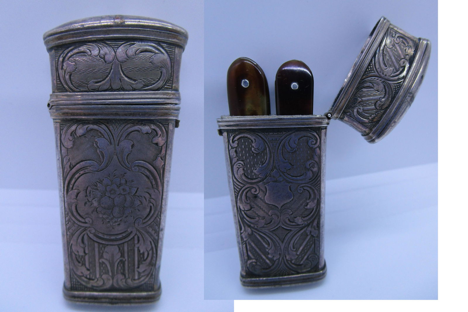 LANCET DOCTOR BLOODLETTING KIT T&P STERLING SILVER: ANTIQUE DOCTOR'S KNIFE SET ENGLISH CASE HALLMARKED JOHN TAYLOR & JOHN PERRY C1827. WITH 4 KNIVES IN TORTOISESHELL SLEEVES. 67MM BY 30MM BY 10MM. WEIGHS 30 GRAMS. ORNATELY HAND ENGRAVED; NO MONOGRAM IN