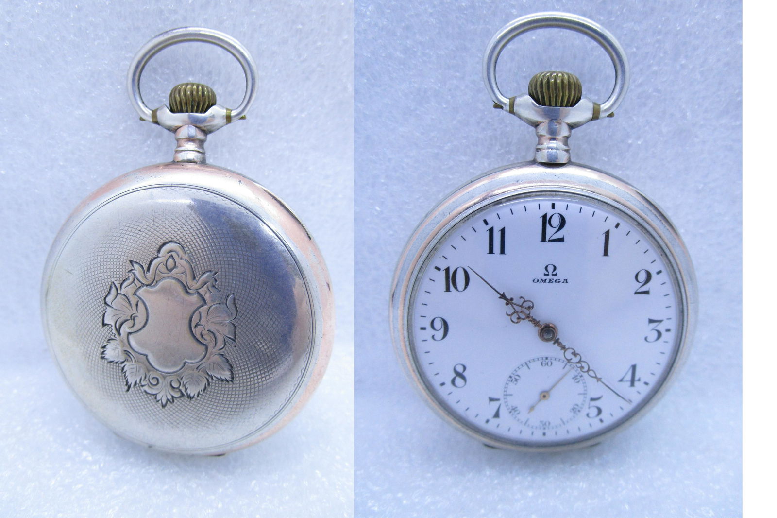 OMEGA POCKET WATCH 800 STERLING SILVER SWISS C1900: PARIS GRAND PRIZE 1900 ANTIQUE POCKETWATCH OMEGA CASE & MOVEMENT. 800 SILVER WITH GOLD TRIM. EXCELLENT ENAMEL DIAL. NO MONOGRAM, SMALL DENTS. STEM WIND STEM SET. SERIAL #4471481. 16 SIZE, MEASURES 52M