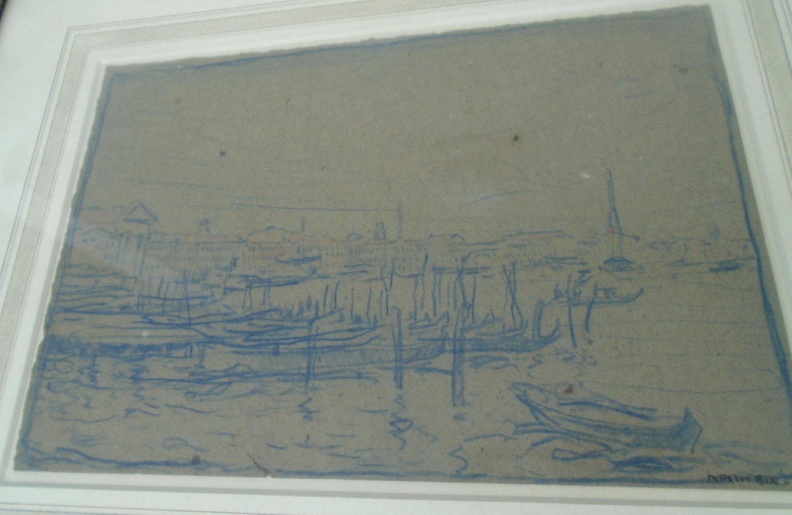 MAX WEBER DRAWING ON PAPER HARBOR SCENE: SIGNED "MAX WEBER 07". FRAME 16" X 13". IMAGE 9 3/4" X 6 1/2". (US SHIPPING $20)