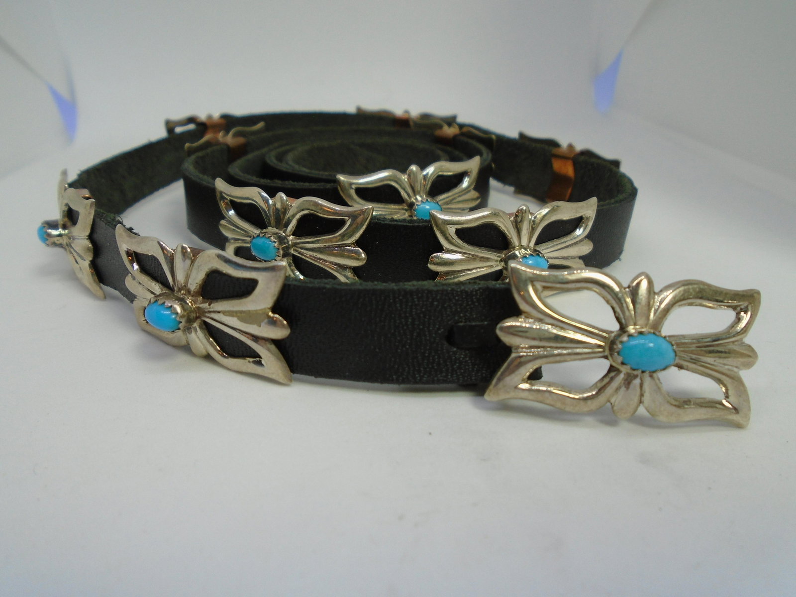 K TURQUOISE CONCHO BELT BUCKLE STERLING SILVER: VINTAGE ESTATE NATIVE AMERICAN SOUTHWEST INDIAN JEWELRY. SIGNED " K STERLING" MICHAEL KABOTIE LOMAWYWISA HOPI. TESTED STERLING SILVER WITH 10 GENUINE SLEEPING BEAUTY TURQUOISE CONCHOS (32X 18 ) AND 1