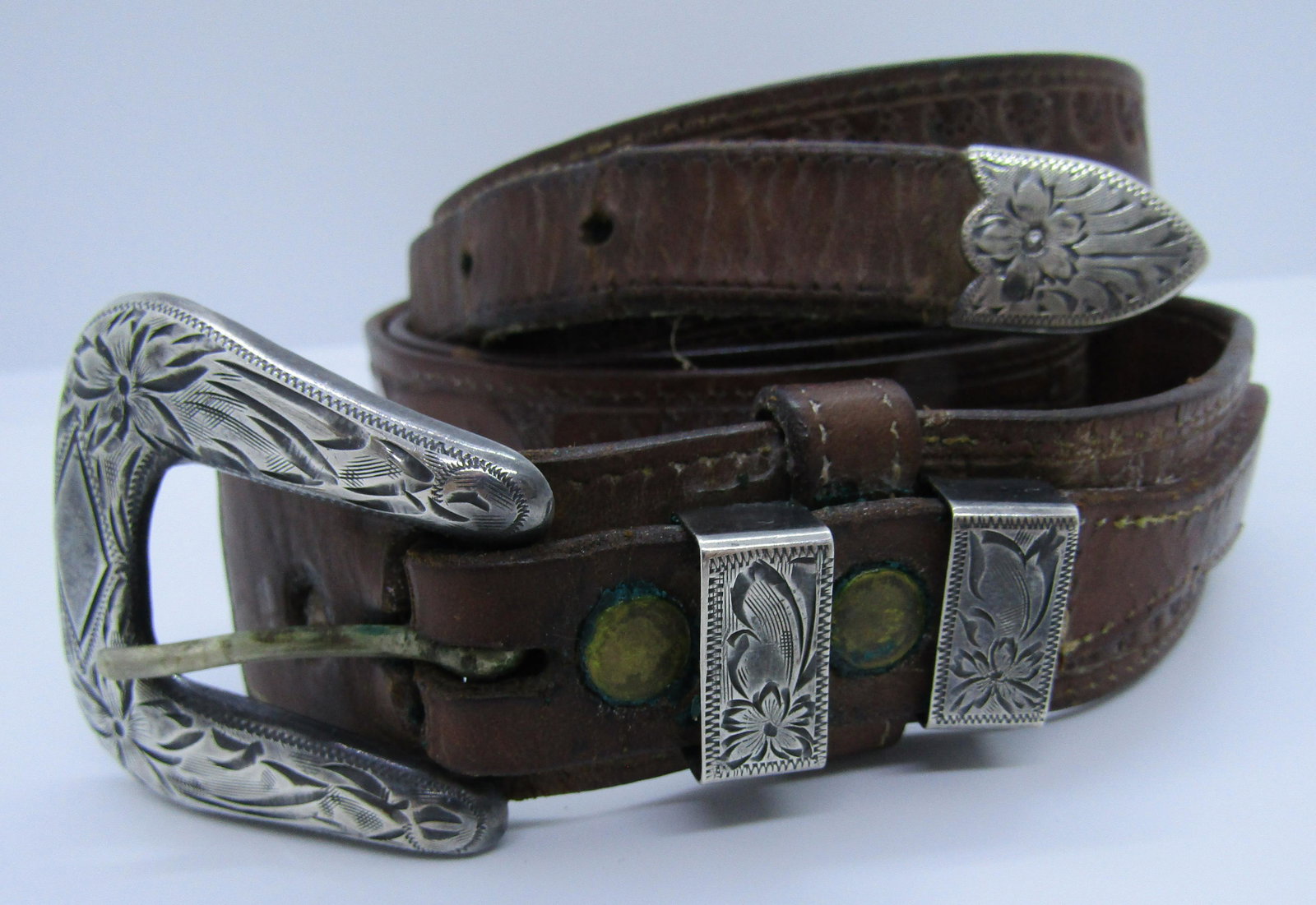 STERLING SILVER BUCKLE TOOLED LEATHER BELT 38" (1 of 7)
