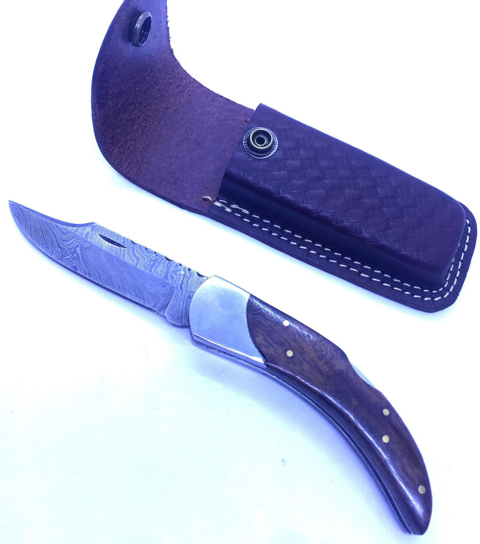 7.5" DAMASCUS FOLDING POCKET KNIFE & SHEATH: TOTAL IS 7.5", BLADE IS 3". WOOD HANDLE. (USA SHIPPING $8)