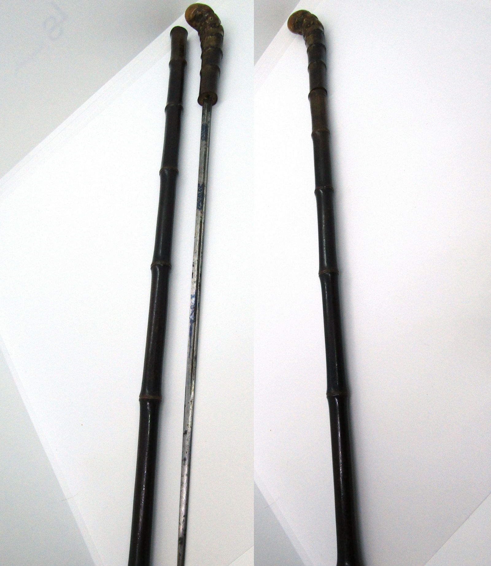 SWORD CANE WOOD 44 W CAL TIP BAMBOO ANTIQUE: OVERALL - 36.25" TALL, 15.25" BLADE. (USA SHIPPING $30)