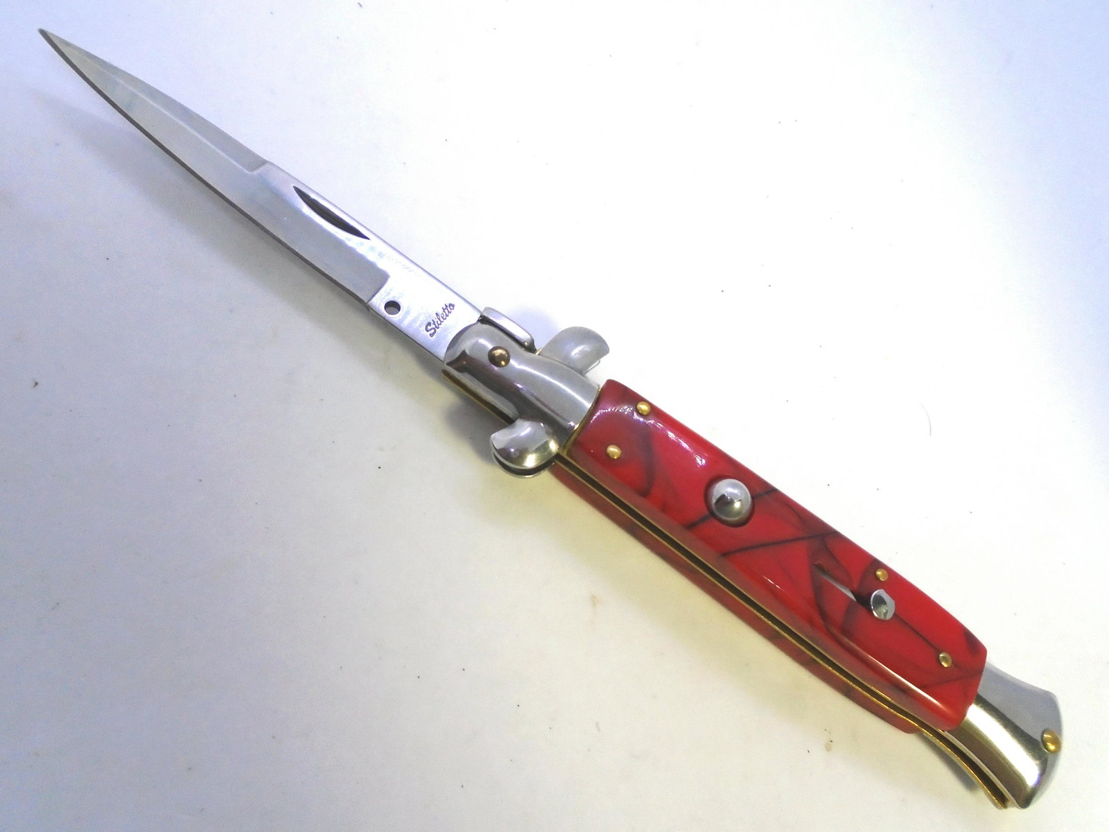 SWITCHBLADE STAINLESS STILETTO KNIFE AUTOMATIC: PUSH-BUTTON AUTO KNIFE. 4 1/8" BLADE, 9.5" OVERALL. SHARP. (US SHIPPING $8)