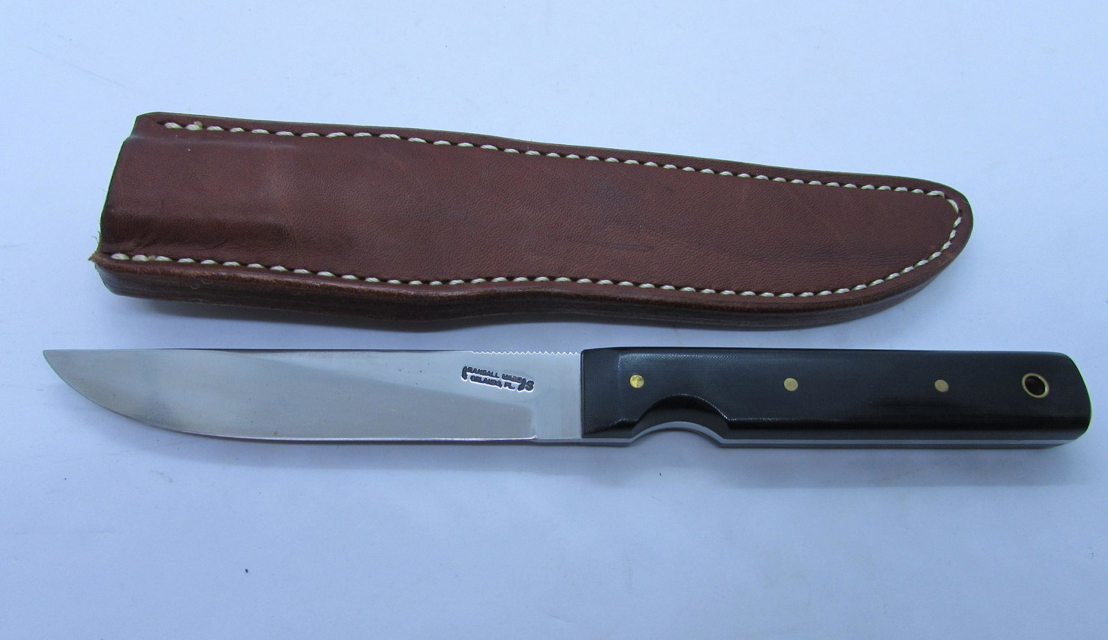 RANDALL 10-5 SALT FISHERMAN KNIFE & SHEATH MICARTA: MODEL 10-5 KNIFE & ORIGINAL LEATHER SHEATH. 5" STAINLESS BLADE, MICARTA SCALES, 9 5/8" OVERALL. SUPER SHARP. (US SHIPPING $18)
