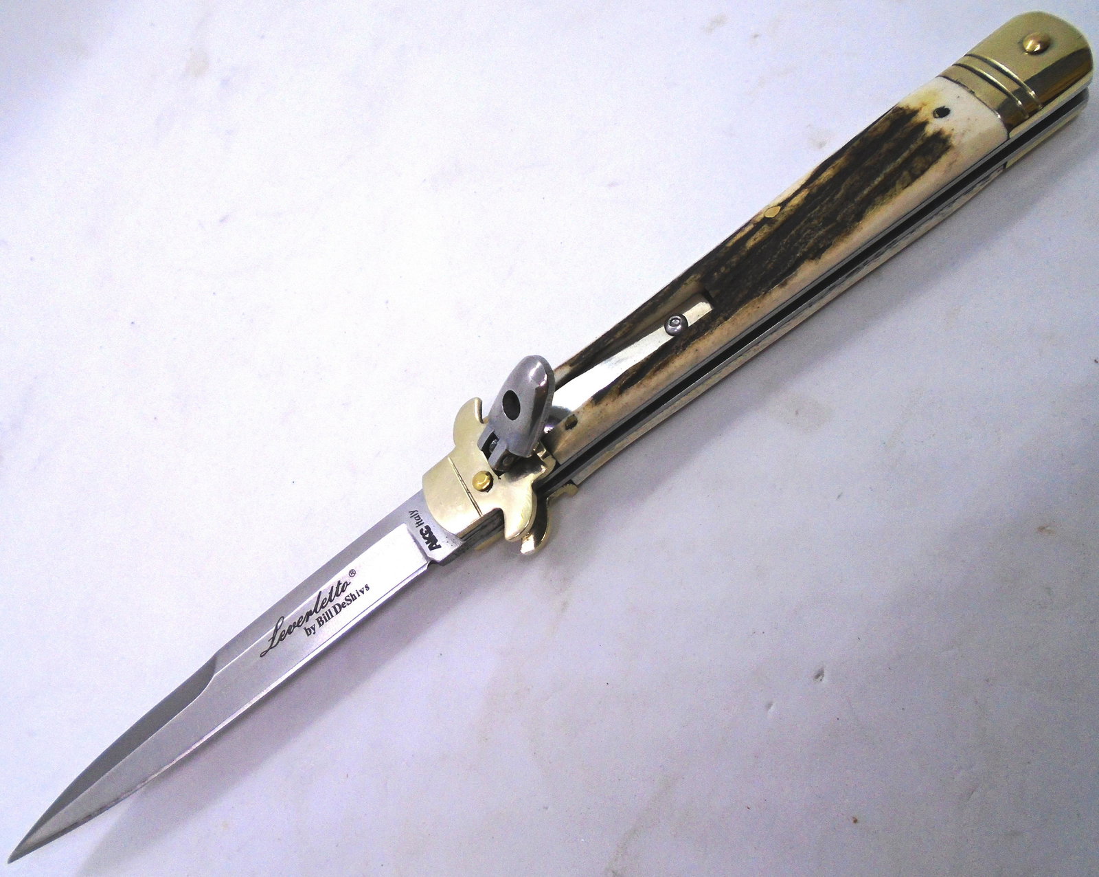 LEVERLETTO SWITCHBLADE BILL DESHIVS KNIFE 10": LEVER ACTION AUTOMATIC KNIFE. D2 TOOL STEEL 4 1/4" BLADE, STAG SCALES. 9 5/8" OVERALL. (USA SHIPPING $10)