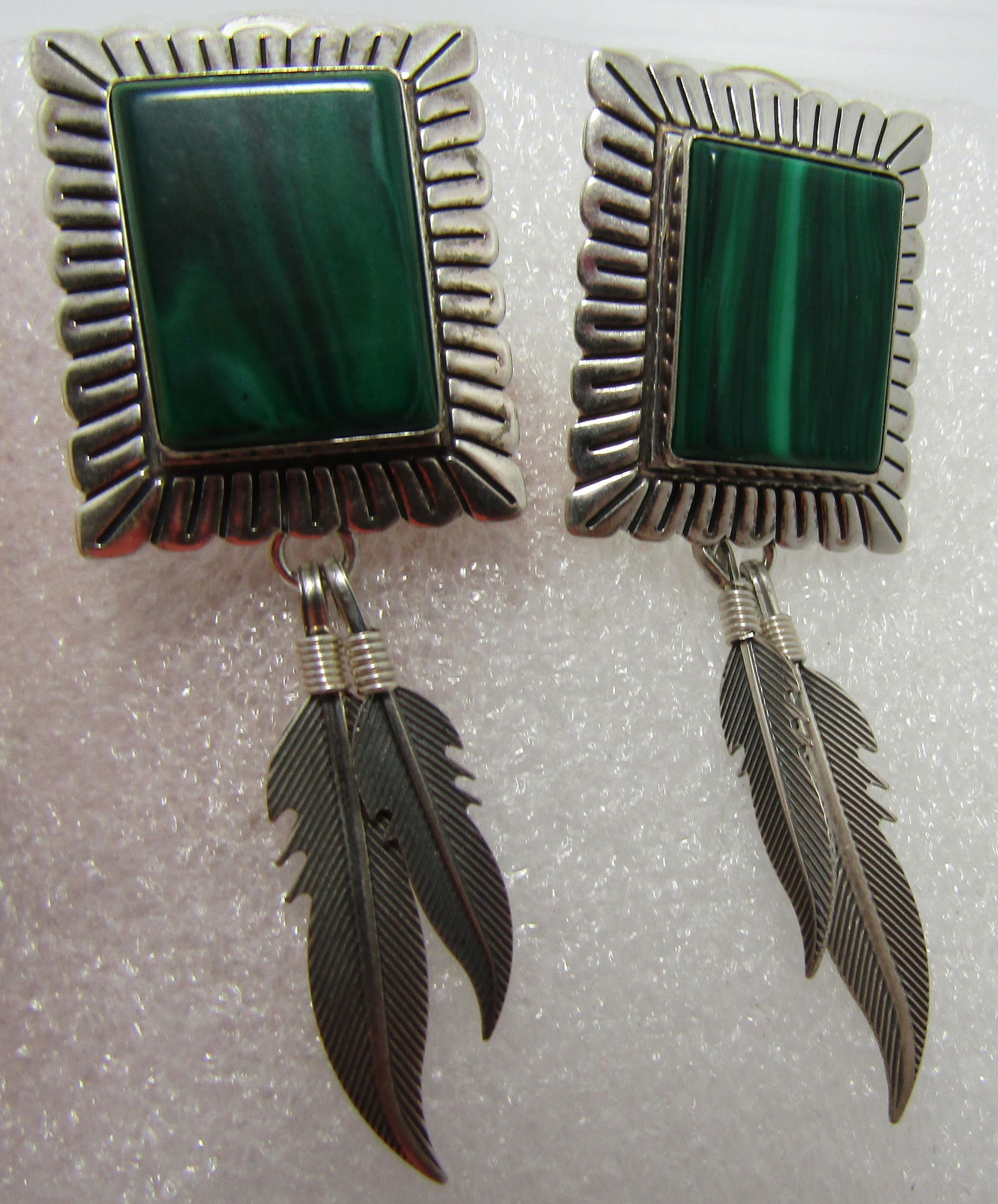 QUOC TURQUOISE MALACHITE EARRINGS STERLING SILVER: HUGE GEMSTONE WITH PIERCED POSTS; HALLMARKED "QT STERLING" VINTAGE ESTATE NATIVE AMERICAN SOUTHWEST INDIAN JEWELRY. MEASURE 58MM LONG BY 22MM WIDE. WEIGHS 11.7 GRAMS. EXCELLENT LIKE NEW, NEVER USED CO