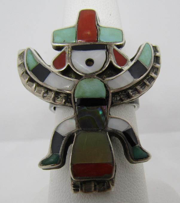 ZUNI RAINBOW DANCER RING STERLING SILVER INLAY: INLAID RING SIZE 7 UNMARKED TESTED STERLING SILVERVINTAGE ESTATE NATIVE AMERICAN SOUTHWEST INDIAN JEWELRY. BEZEL& INLAID WITH 25 STONES, TURQUOISE, MOP, CORAL, ABALONE, JET. TOP MEASURES 36MM LONG BY