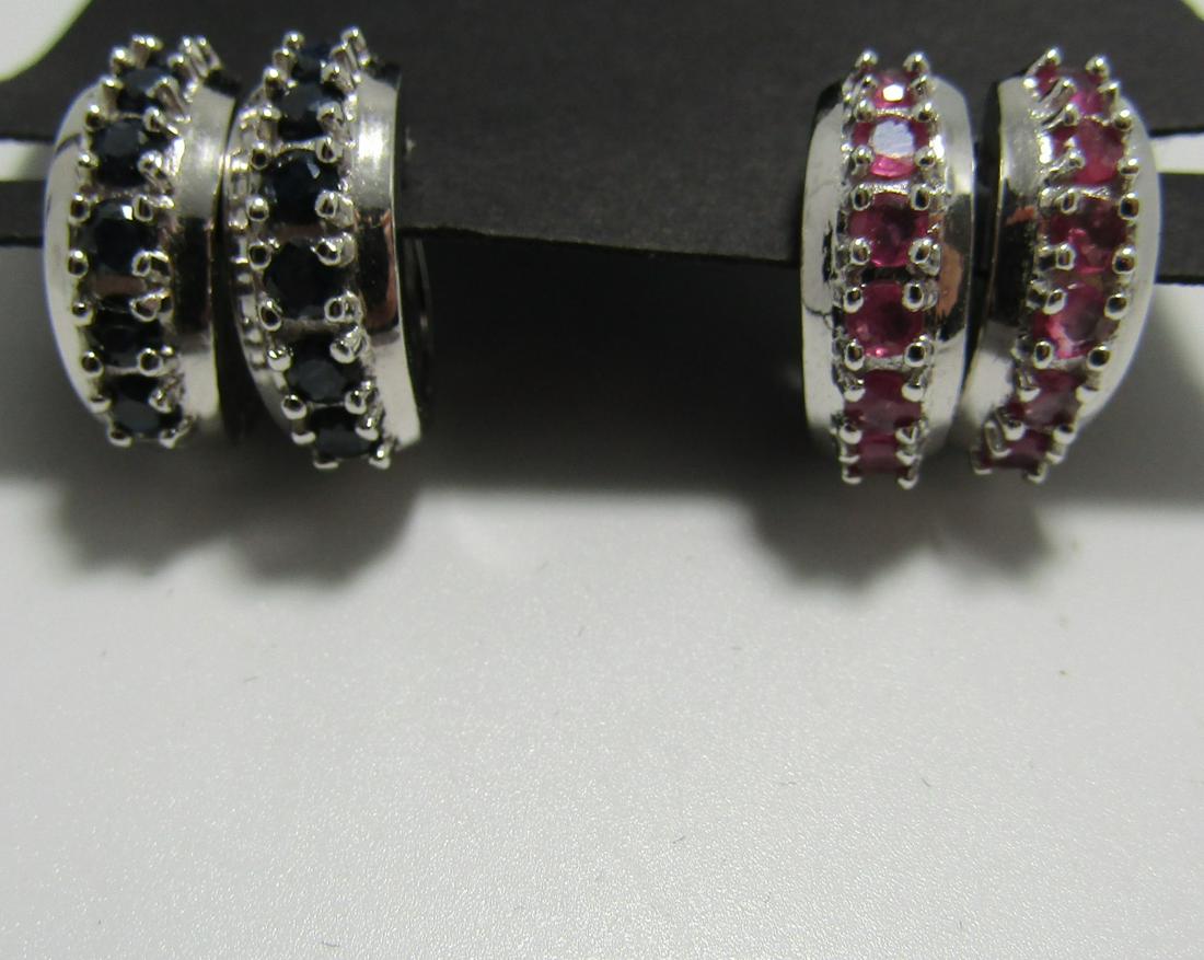 PAIR RUBY & SAPPHIRE STERLING SILVER EARRINGS: GENUINE RUBY & SAPPHIRE GEMSTONES. MARKED & TESTED 925 STERLING SILVER. GREAT CONDITION. PIERCED HOOPS 16MM DIAMETER EARRINGS, 6MM WIDE. 8.9 GRAMS TOTAL. USA SHIPPING $5