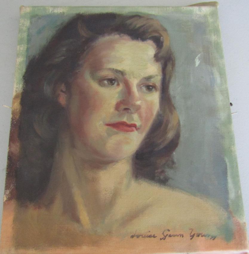 LOUISE GLENN YOUNG OIL ON CANVAS PORTRAIT PAINTING: AMAZING LIFE LIKE PAINTING OF A BROWN EYED WOMAN. SIGNED & BY LOUISE GLENN YOUNG. IMAGE 13" BY 11". WITH WOOD STRECTHER. USA SHIPPING $20.