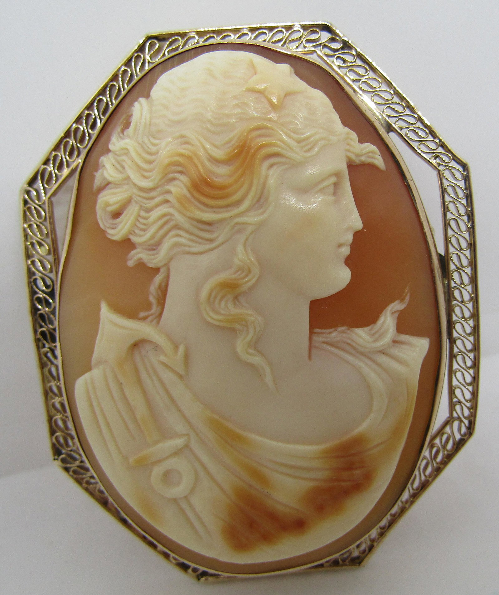 HUGE ANTIQUE FILIGREE CAMEO PIN PENDANT 10K GOLD: AMAZING CARVED SHELL 100 YEARS OLD. VINTAGE ESTATE UNMARKED TESTED 10K YELLOW GOLD, THE PIN WAS REPLACED AND IS NOT GOLD. 45MM WIDE BY 56MM LONG. WEIGHS 19.3GRAMS. EXCELLENT USED CONDITION. USA SHIPPI