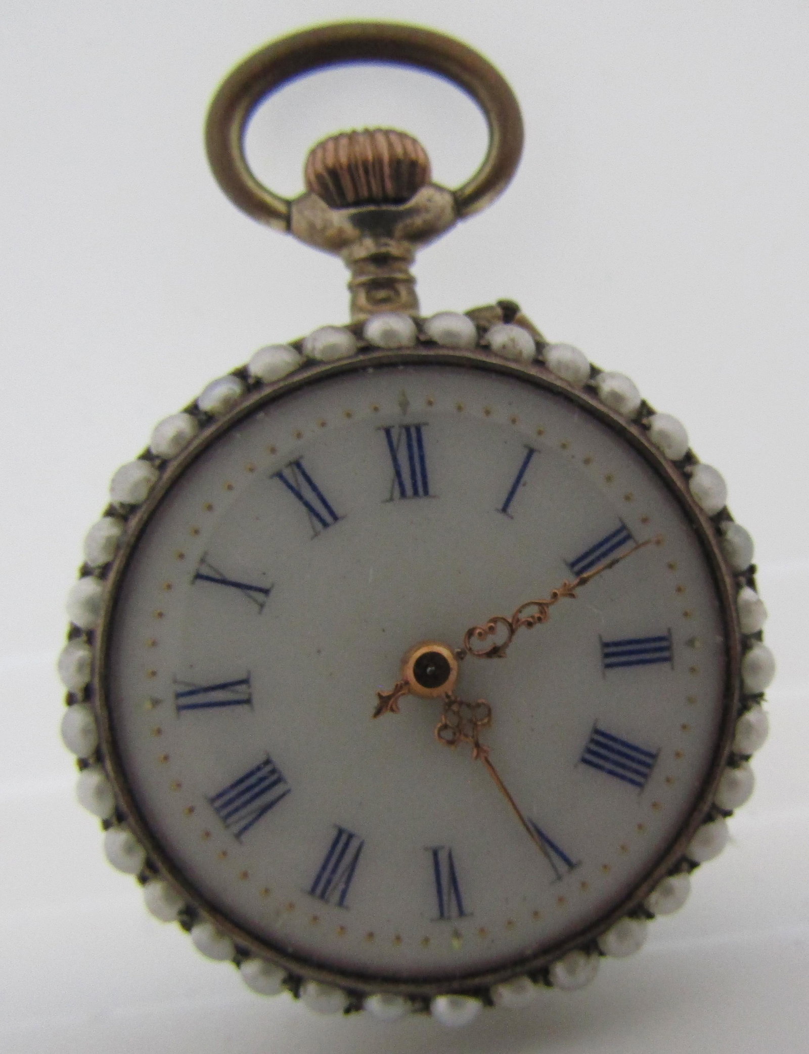 GENUINE PEARL POCKETWATCH STERLING SILVER WATCH: ANTIQUE VINTAGE ESTATE PIN SET WATCH HALLMARKED SWISS .800, C, GROUSE IMAGE. WATCH 34.5MM X 22.5MM. WEIGHS 19.5 GRAMS TOTAL. BEAUTIFULLY BLUE AND GOLD DIAL. OVER 150 GENUINE PEARLS. USA SHIPPING $5.