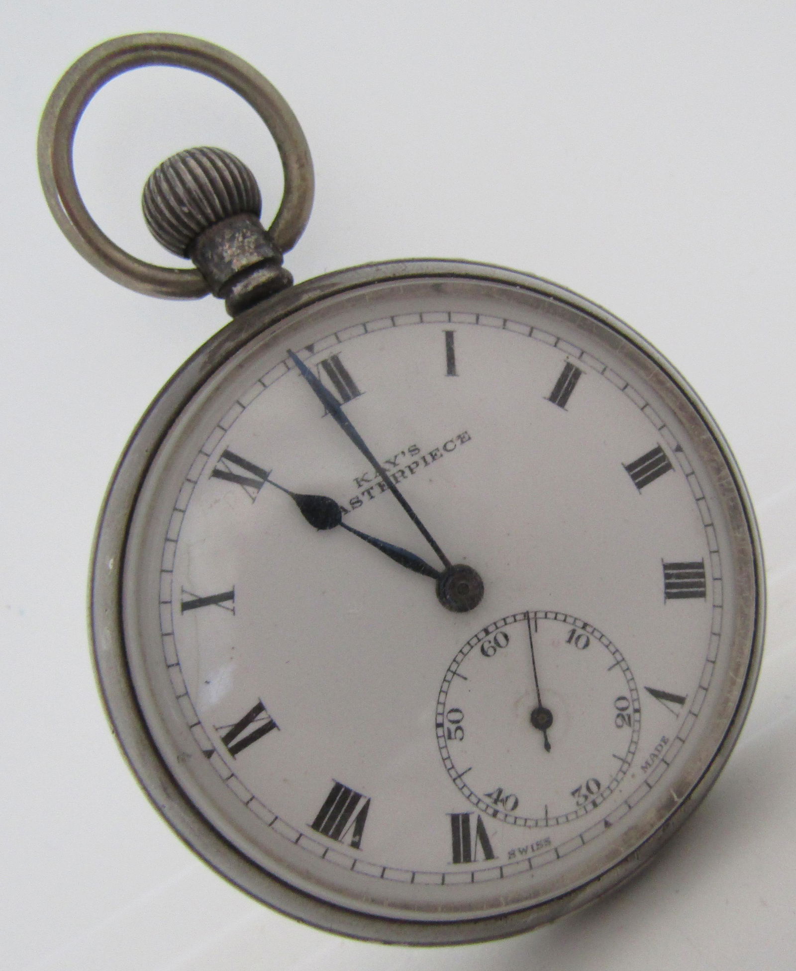 KAY'S MASTERPIECE POCKETWATCH STERLING SILVER: ANTIQUE VINTAGE ESTATE OPEN FACE WATCH. WATCH 45MM X 65MM. WEIGHS 80.4 GRAMS TOTAL. NEVER MONOGRAMED. RUNS, NOT SERVICED. SWISS MOVEMENT. A.L.D. ECLIPSE ENGLISH CASE. USA SHIPPING $5.