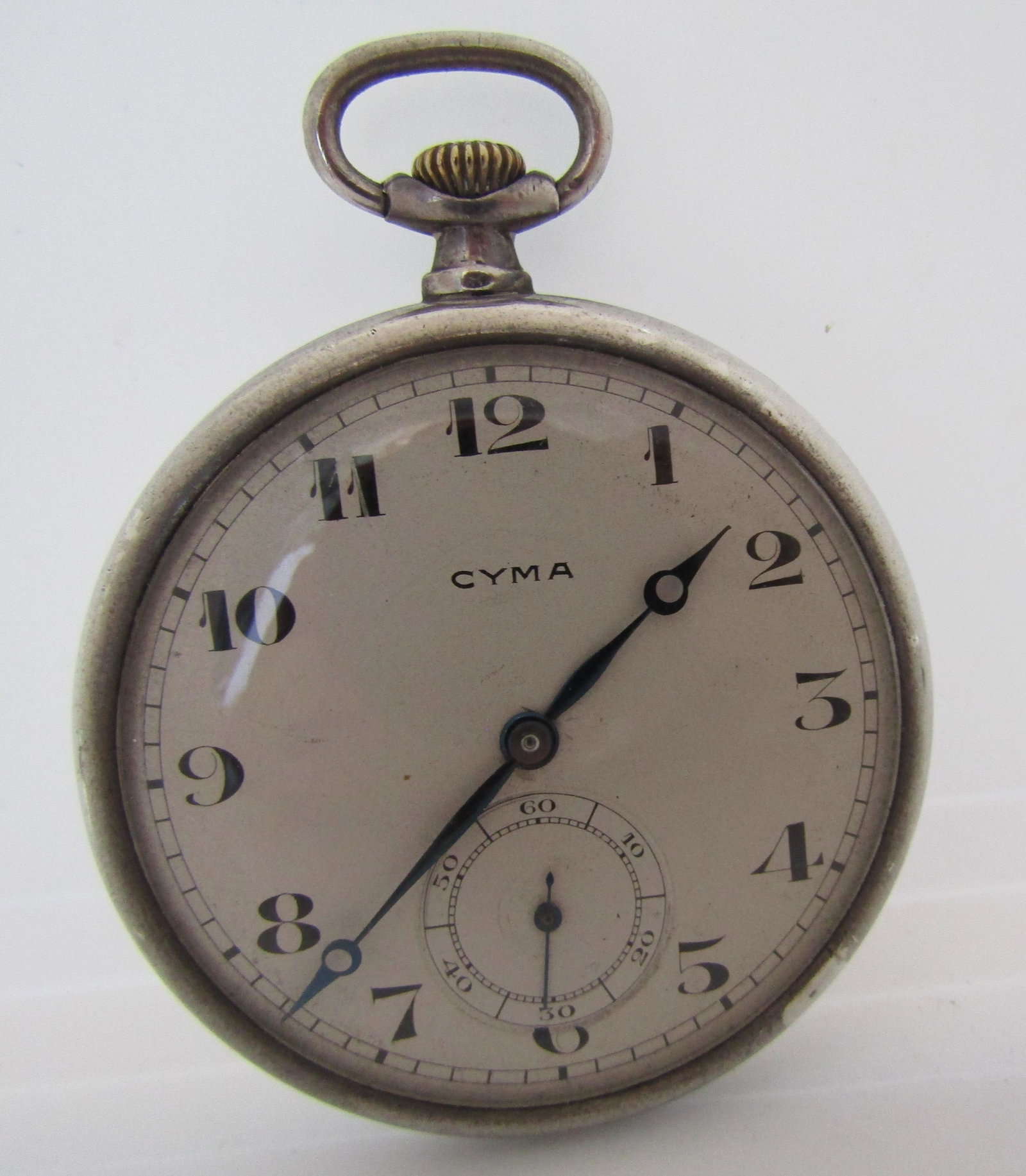 CYMA POCKETWATCH STERLING SILVER WATCH: ANTIQUE VINTAGE ESTATE OPEN FACE WATCH. WATCH 43MM X 56MM. WEIGHS 62.9 GRAMS TOTAL. NEVER MONOGRAMED. RUNS, NOT SERVICED. USA SHIPPING $5.