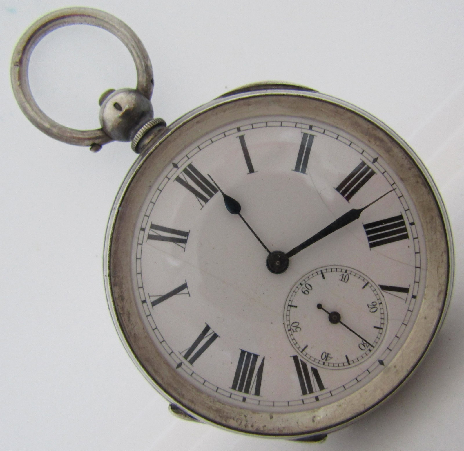 KEY WIND & SET POCKETWATCH STERLING SILVER WATCH: ANTIQUE VINTAGE ESTATE OPEN FACE WATCH. HALLMARKED " GK 935" WATCH 46MM X 70MM. WEIGHS 98.3 GRAMS TOTAL. NEVER MONOGRAMED. RUNS, NOT SERVICED. USA SHIPPING $5.