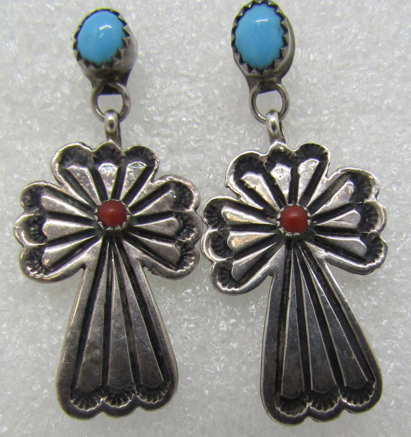 CROSS TURQUOISE CORAL EARRINGS STERLING SILVER: SLEEPING BEAUTY UNMARKED, TESTED STERLING SILVER OLD PAWN NATIVE AMERICAN SOUTHWEST INDIAN JEWELRY. MEASURE 42MM LONG; CHARM 31MM BY 19MM. WEIGH 8.9 GRAMS. VINTAGE ESTATE EXCELLENT USED CONDITION. USA