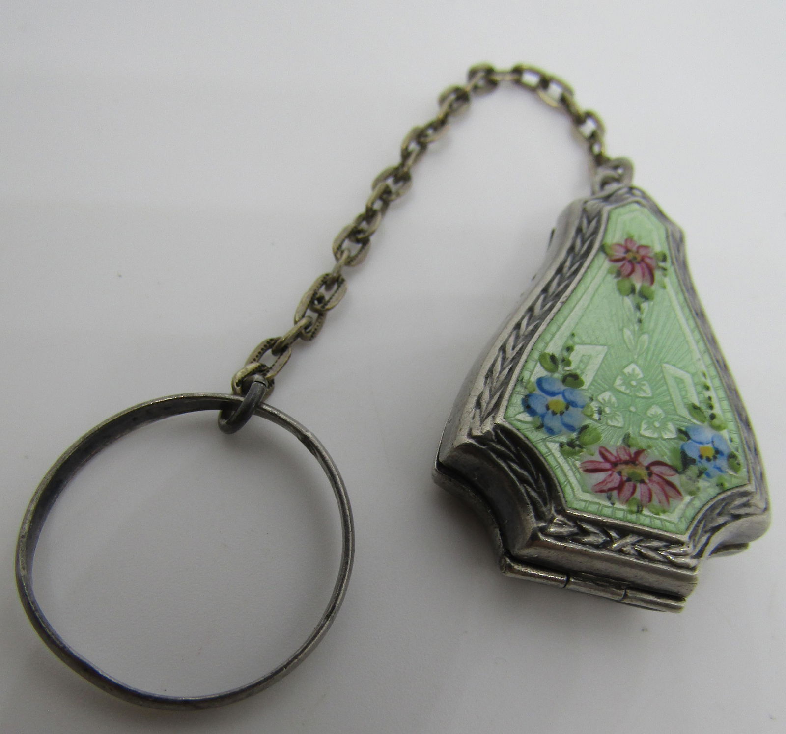 ENAMEL STERLING SILVER RING PURSE GUILLOCHE ANTIQU: ANTIQUE 5 INCH LONG RING, CHAIN AND PURSE. SIZE 9. PURSE 38MM BY 23MM BY 8MM. WEIGHS 9 GRAMS. USA SHIPPING $5.
