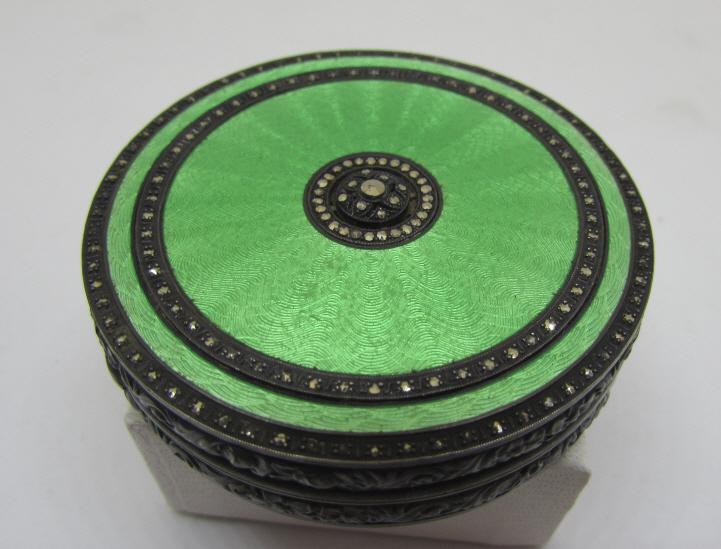 GUILLOCHE ENAMEL STERLING SILVER MARCASITE CASE: CIRCA 1920 MIRROR COMPACT CASE OR PILL TRINKET BOX. THE BOTTOM IS ONE LARGE PIECE OF ETCHED MOP - MOTHER OF PEARL. THE TOP IS ENCRUSTED WITH PRONG SET MARCASITE, ALL INTACT AND GREEN ENAMEL, ALL INTAC