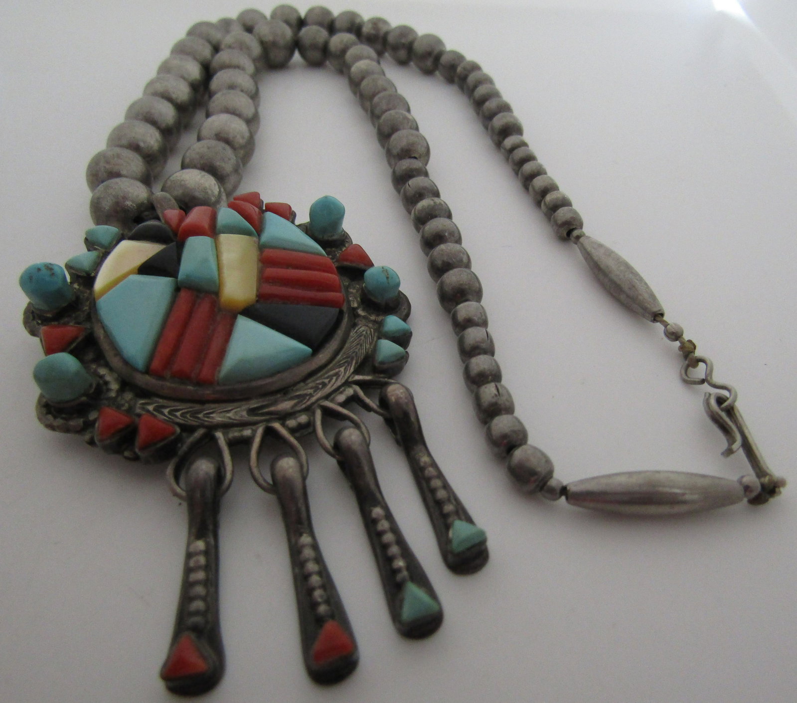 VMB TURQUOISE COBBLESTONE NECKLACE STERLING SILVER: GEMSTONE PIN AND PENDANT NECKLACE HALLMARKED "VMB" VICTOR MOSES BEGAY. NATIVE AMERICAN SOUTHWEST NAVAJO INDIAN JEWELRY. 19" LONG STERLING BENCH BEAD CHAIN. WEIGH 80GRAMS TOTAL. WITH 72MM BY 46MM CHARM