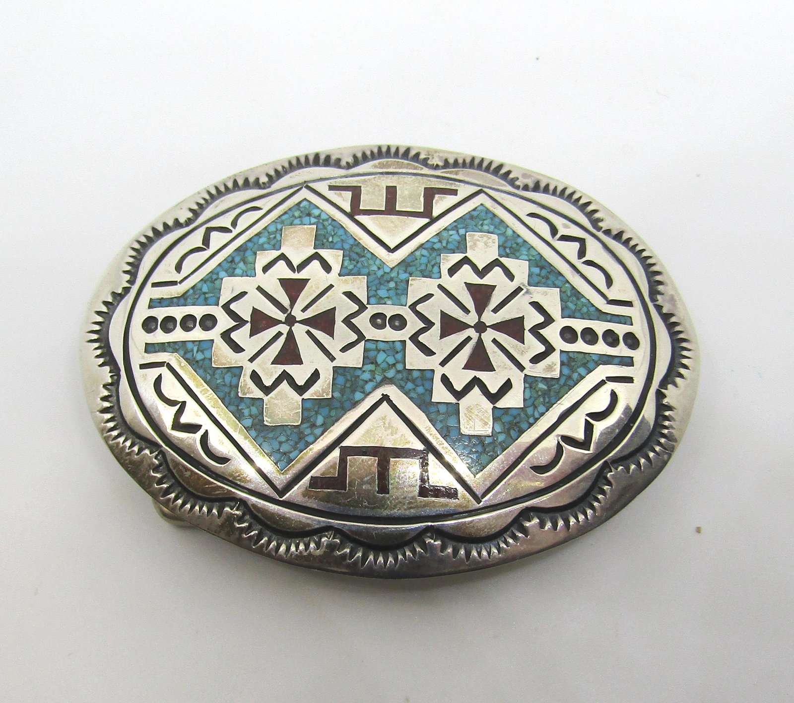 SIGNED CORAL TURQUOISE STERLING SILVER BELT BUCKLE: NATIVE AMERICAN SIGNED "S" FOR STANLEY BAIN. MEASURES 2-5/8" X 2". FITS UP TO A 1.25" WIDE BELT. WEIGHS 27.7 GRAMS. RED CORAL CHIP. TESTED 925 STERLING. USA SHIPPING $5