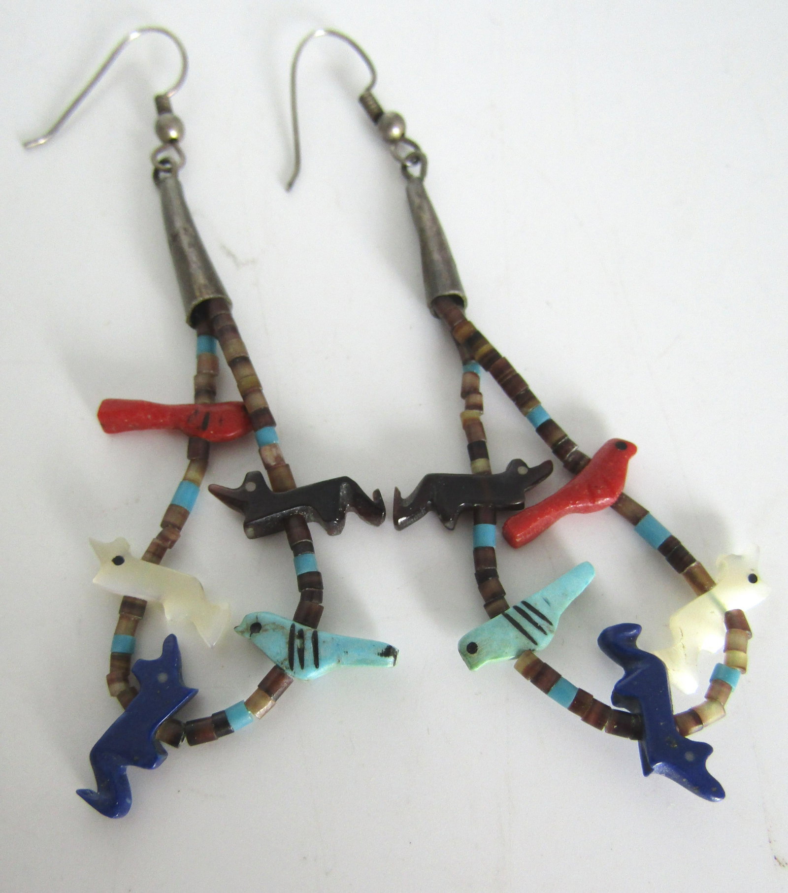 FETISH EARRINGS HEISHI STERLING SILVER INLAY: OLD PAWN VINTAGE ESTATE NATIVE AMERICAN SOUTHWEST NAVAJO / ZUNI INDIAN JEWELRY. STONE BIRD FETISH WITH INLAID STONE EYES. WITH STERLING SILVER CONES. MEASURE 3 INCHES LONG. WEIGH 5 GRAMS. EXCELLENT US