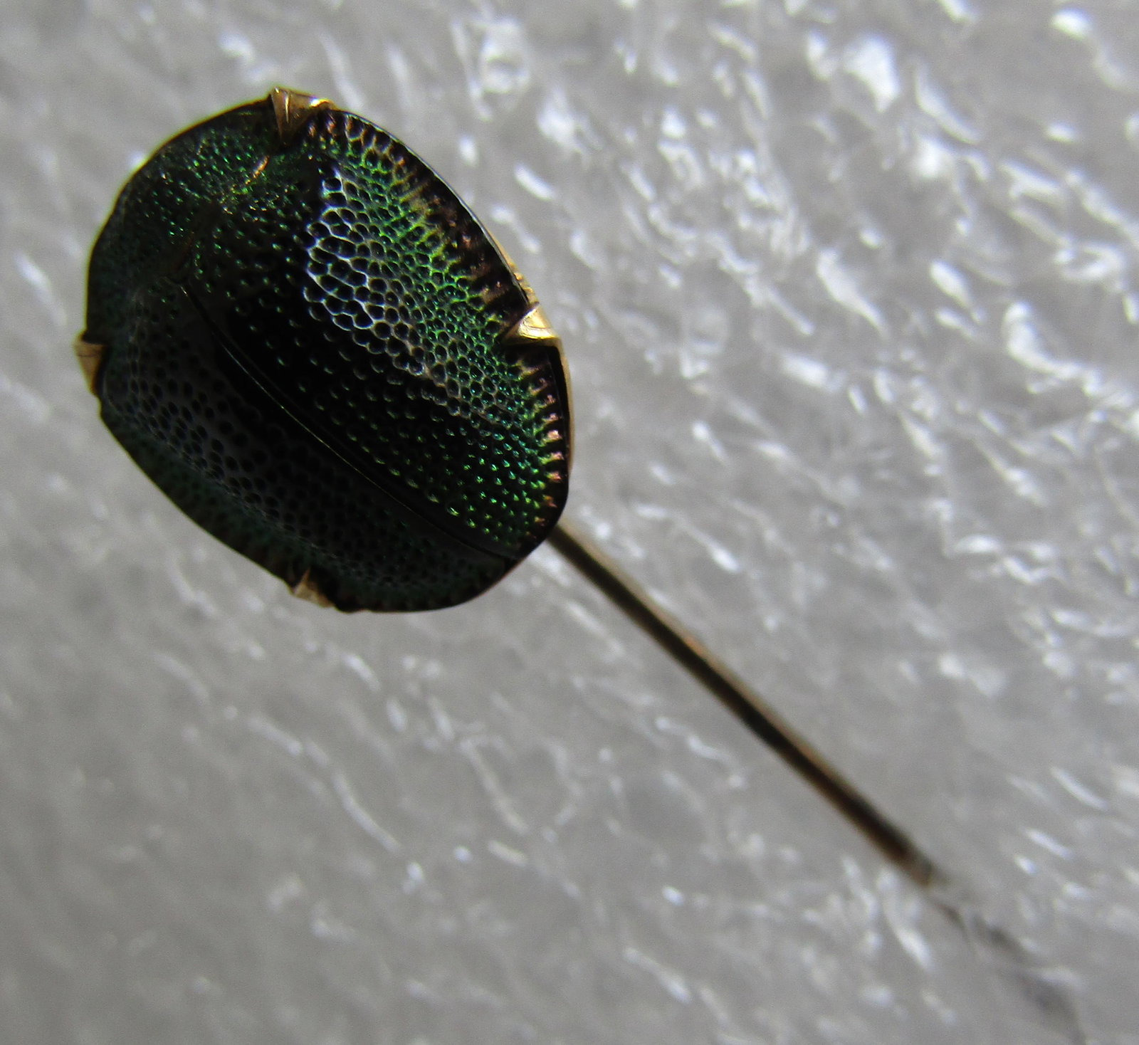 GREEN SCARAB BEETLE PIN 14K GOLD STICK PIN: ANTIQUE ESTATE GENUINE GREEN EGYPTIAN SCARAB BEETLE, INSECT BUG MOUNTED IN TESTED 14K YELLOW GOLD. MEASURES 65MM BY 11MM. WEIGHS 1.3 GRAMS. EXCELLENT CONDITION. USA SHIPPING $5.