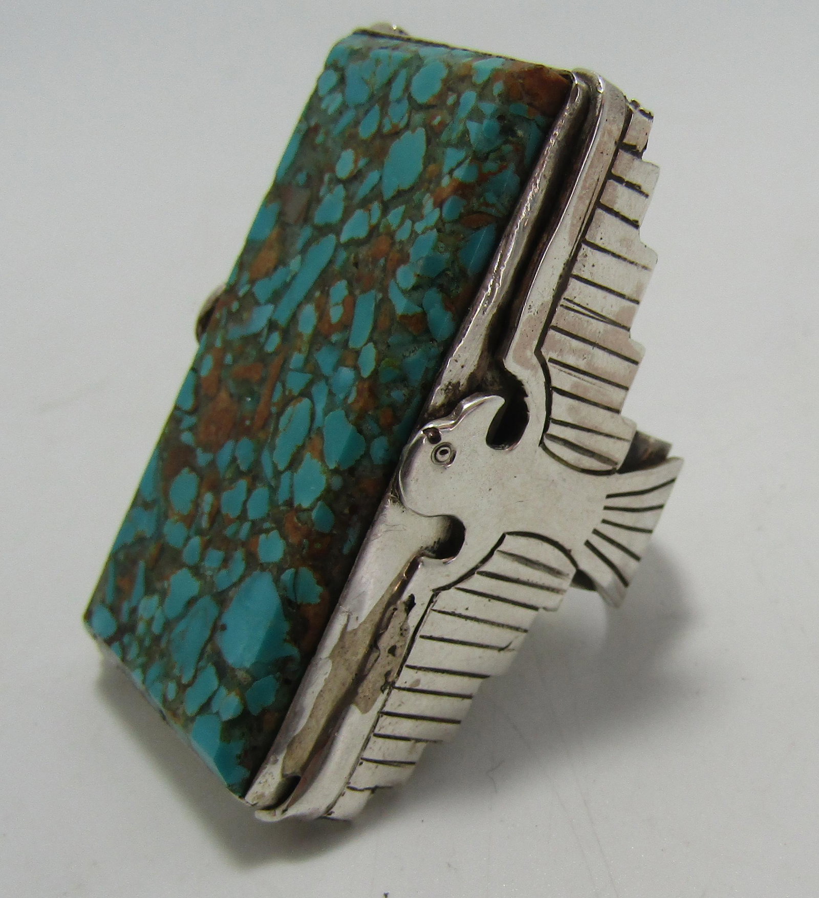 SAN FELIPE TURQUOISE RING STERLING SILVER TRONCOSA: SIGNED " SAN FELIPE JACOB TRONCOSA STERLING". NATIVE AMERICAN SOUTHWEST INDIAN JEWELRY. MEASURES 43MM LONG BY 24MM WIDE. SIZE 10 1/2. WEIGHS 28.8 GRAMS. EXCELLENT CONDITION. USA SHIPPING $5.