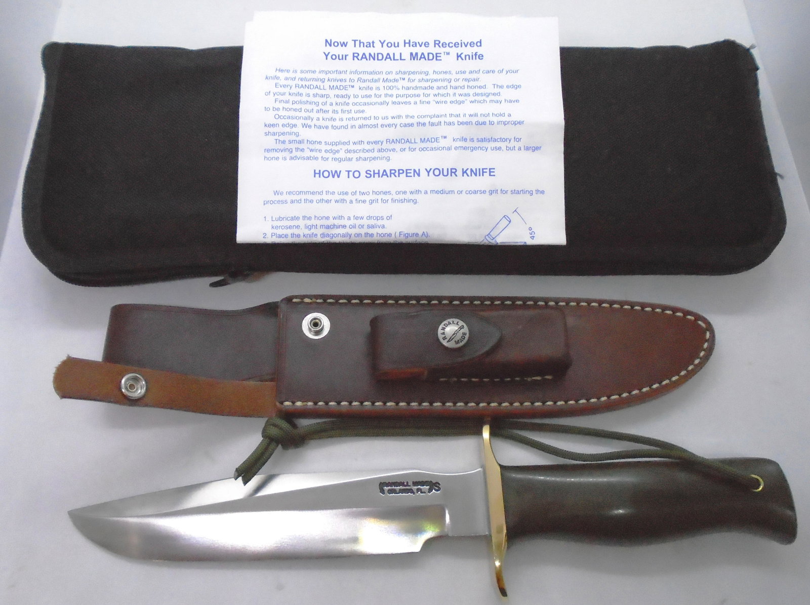 RANDALL KNIFE MODEL 16-7: RANDALL MODEL 16-7 KNIFE. 7" DOUBLE EDGED BLADE - VERY SHARP. MICARTA HANDLE, 11 5/8" OVERALL. (US SHIPPING $10)