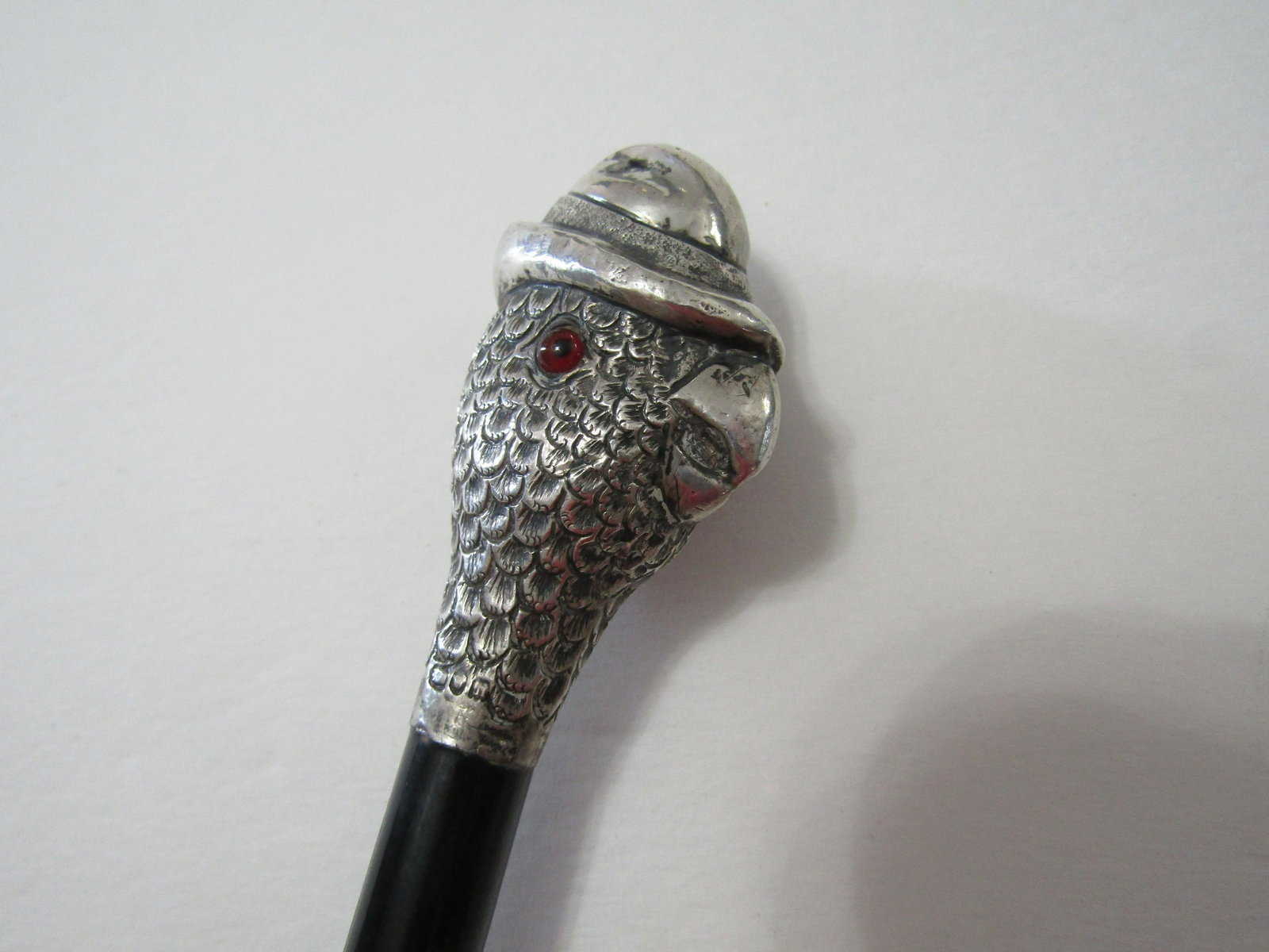 STERLING SILVER SPIKE SWORD CANE WITH PARROT: PARROT WITH HAT IN STERLING SILVER WITH BAND. 37 INCH LONG WITH 2 1/2 BY 1 1/4 INCH PARROT 1 1/4 INCH BAND AND 22 1/2 INCH SQUARE BLADE SPIKE . USA SHIPPING $20