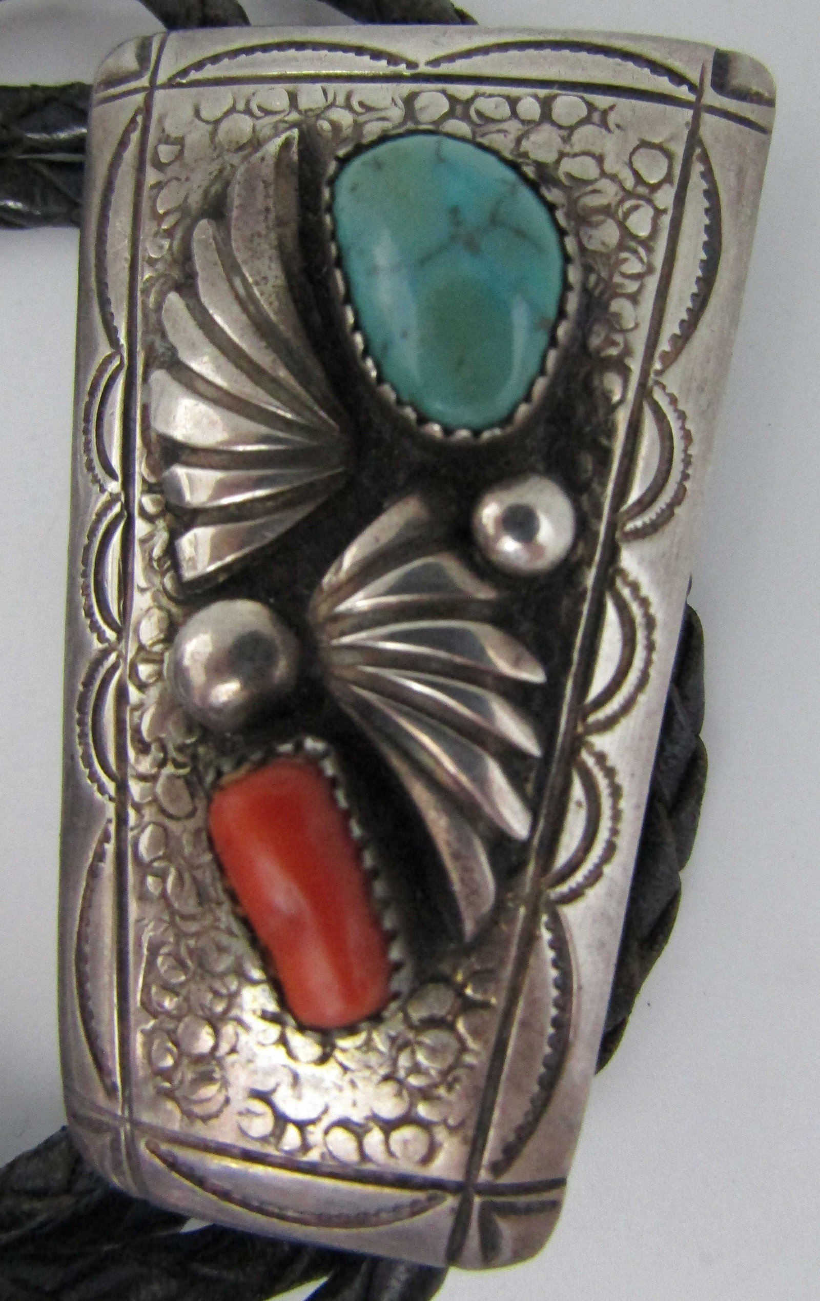 YAZZIE TURQUOISE CORAL BOLO TIE NECKLACE STERLING: HALLMARKED "RHY", RICHARD HENRY YAZZIE VINTAGE ESTATE SOUTHWEST NATIVE AMERICAN NAVAJO INDIAN JEWELRY. PENDANT TESTED STERLING SILVER; MEASURES 58MM BY 34MM. WITH 40 INCH LONG BRAIDED LEATHER CORD, WE