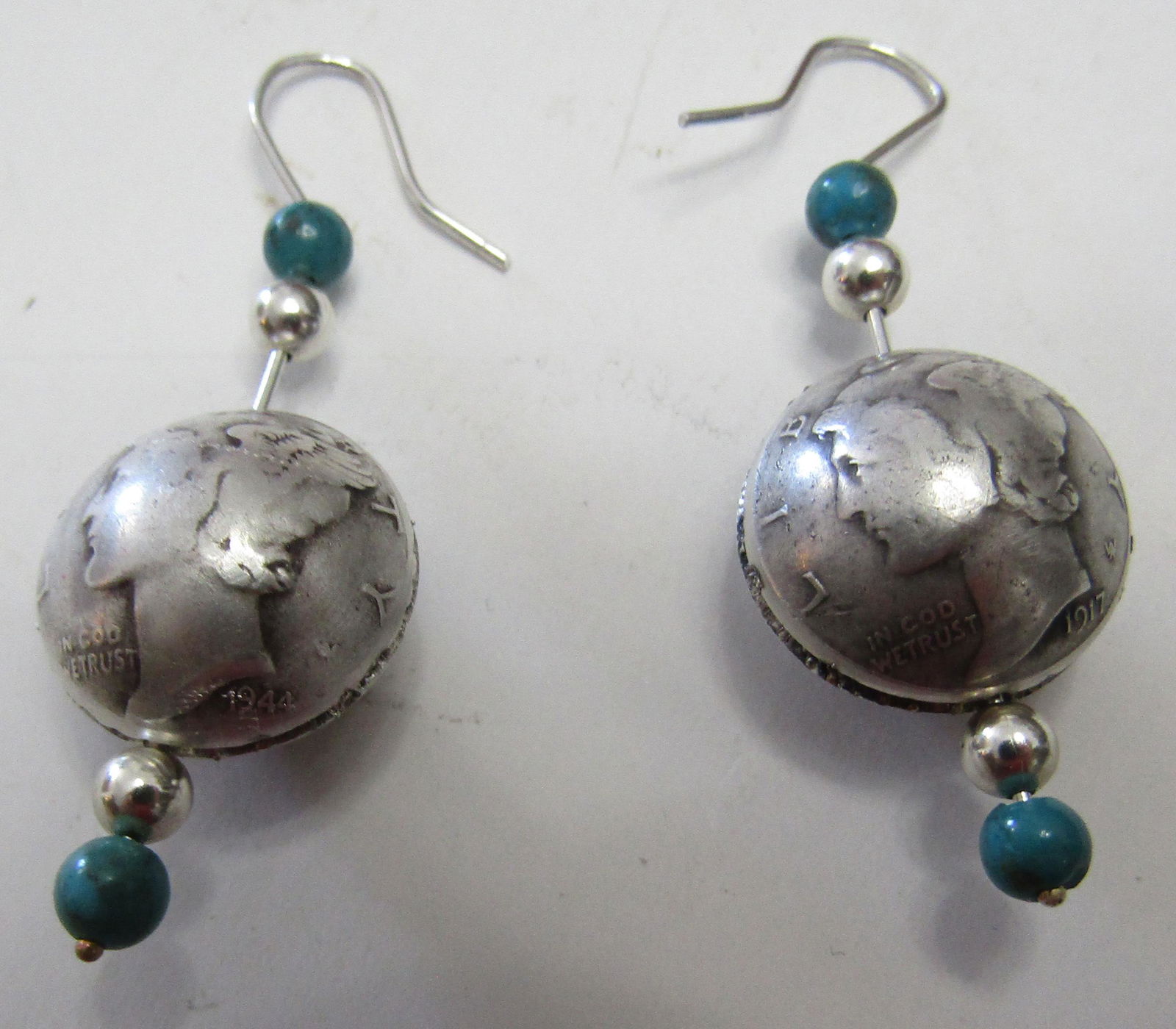 TURQUOISE EARRINGS 1917 MERCURY SILVER 4 US DIMES (1 of 2)