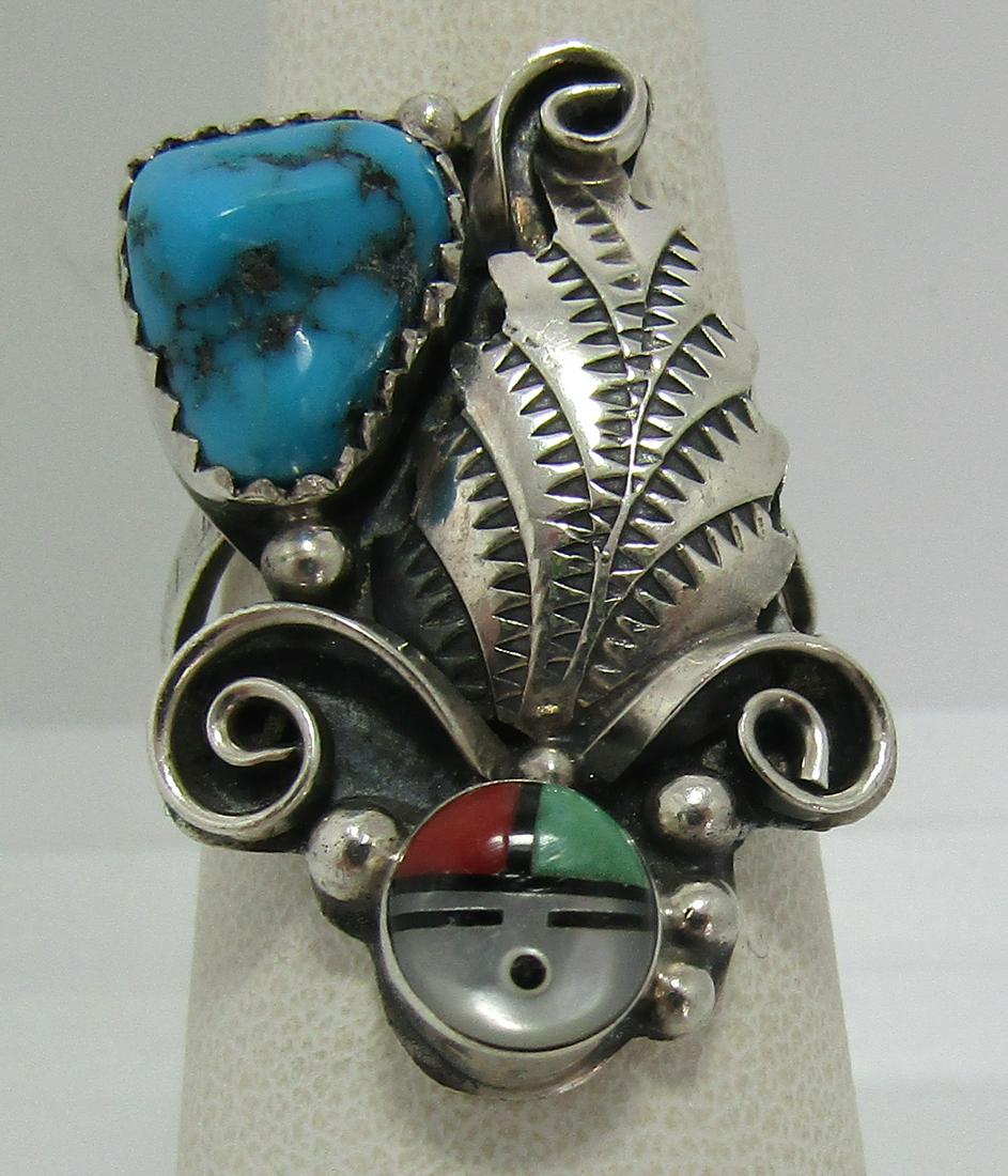 HOPI SUNFACE TURQUOISE STERLING SILVER RING CORAL (1 of 3)