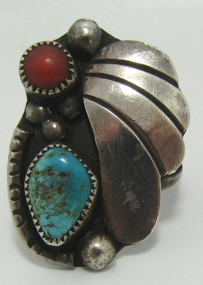OLD PAWN STERLING SILVER TURQUOISE RED CORAL RING (1 of 2)