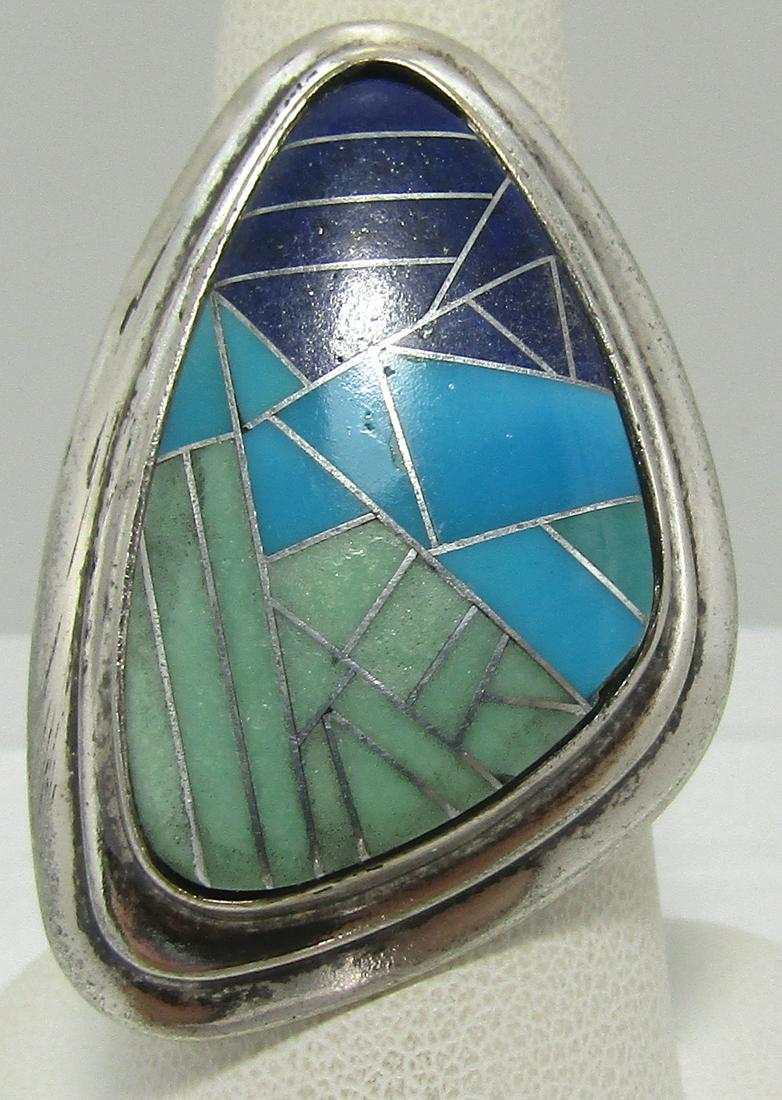 HUGE DRT INLAY TURQUOISE LAPIS RING STERLING SILVE (1 of 4)