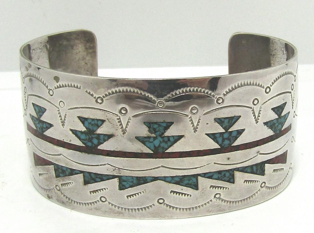 TSOSIE CORAL TURQUOISE INLAY STERLING CUFF BRACELE (1 of 6)