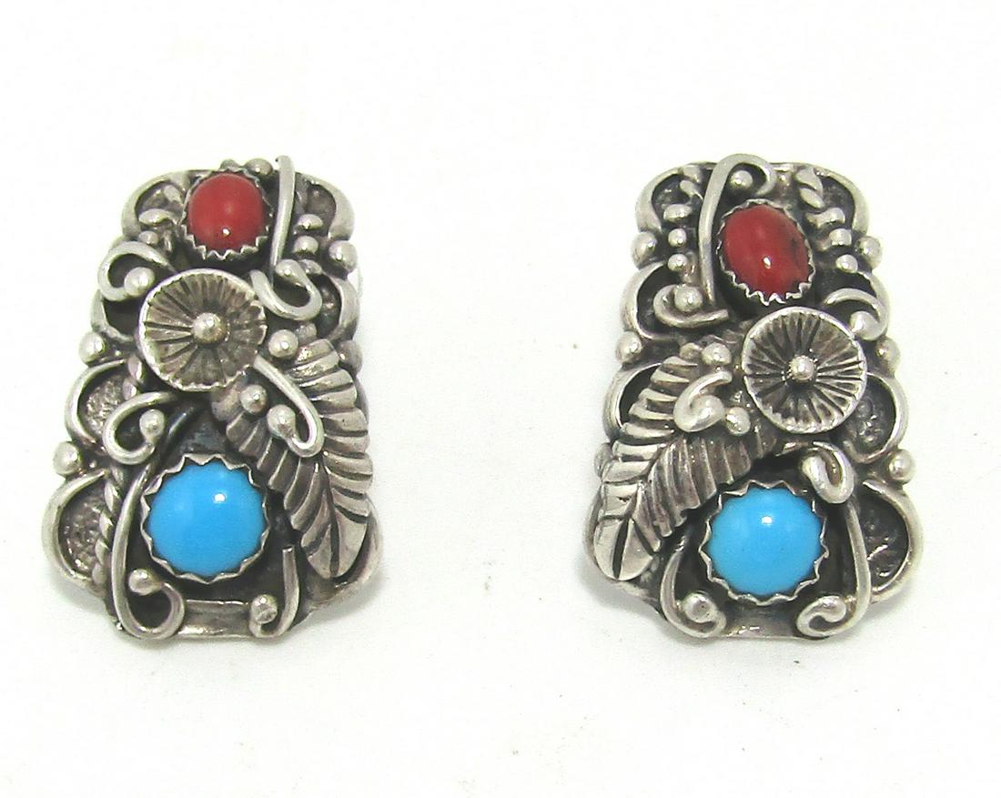 SIGNED STC RED CORAL TURQUOISE STERLING EARRINGS (1 of 3)