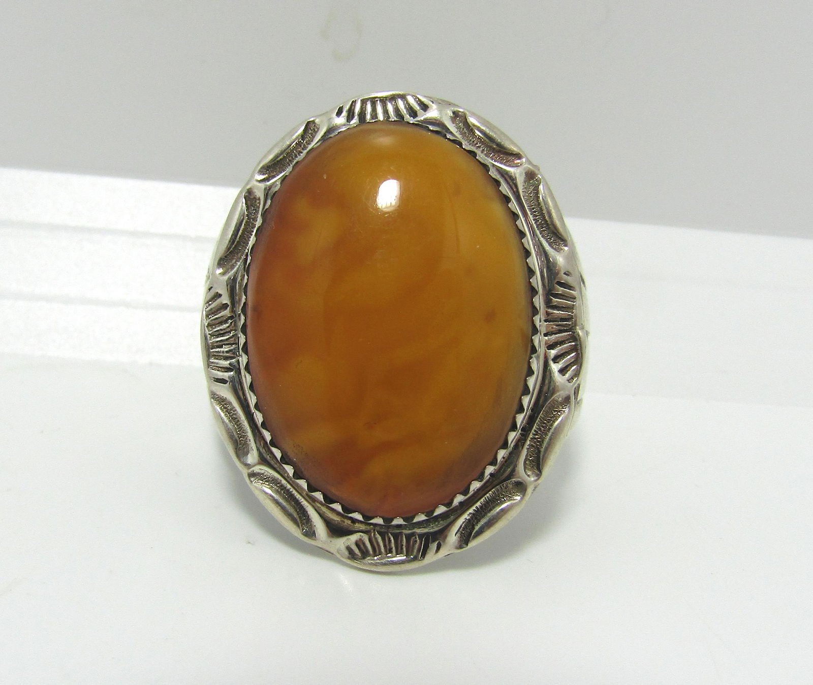 SIZE 16 HERBERT TSOSIE STERLING AMBER MAN'S RING (1 of 3)